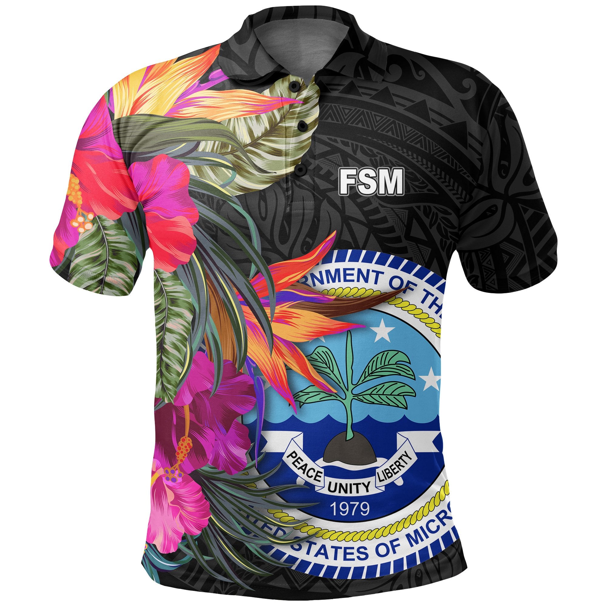 Federated States of Micronesia Polo Shirt Hibiscus Polynesian Pattern Unisex Black - Polynesian Pride