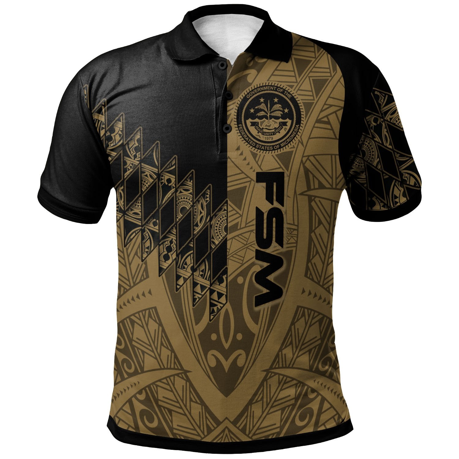 Federated States of Micronesia Polo Shirt Gold Color Symmetry Style Unisex Black - Polynesian Pride