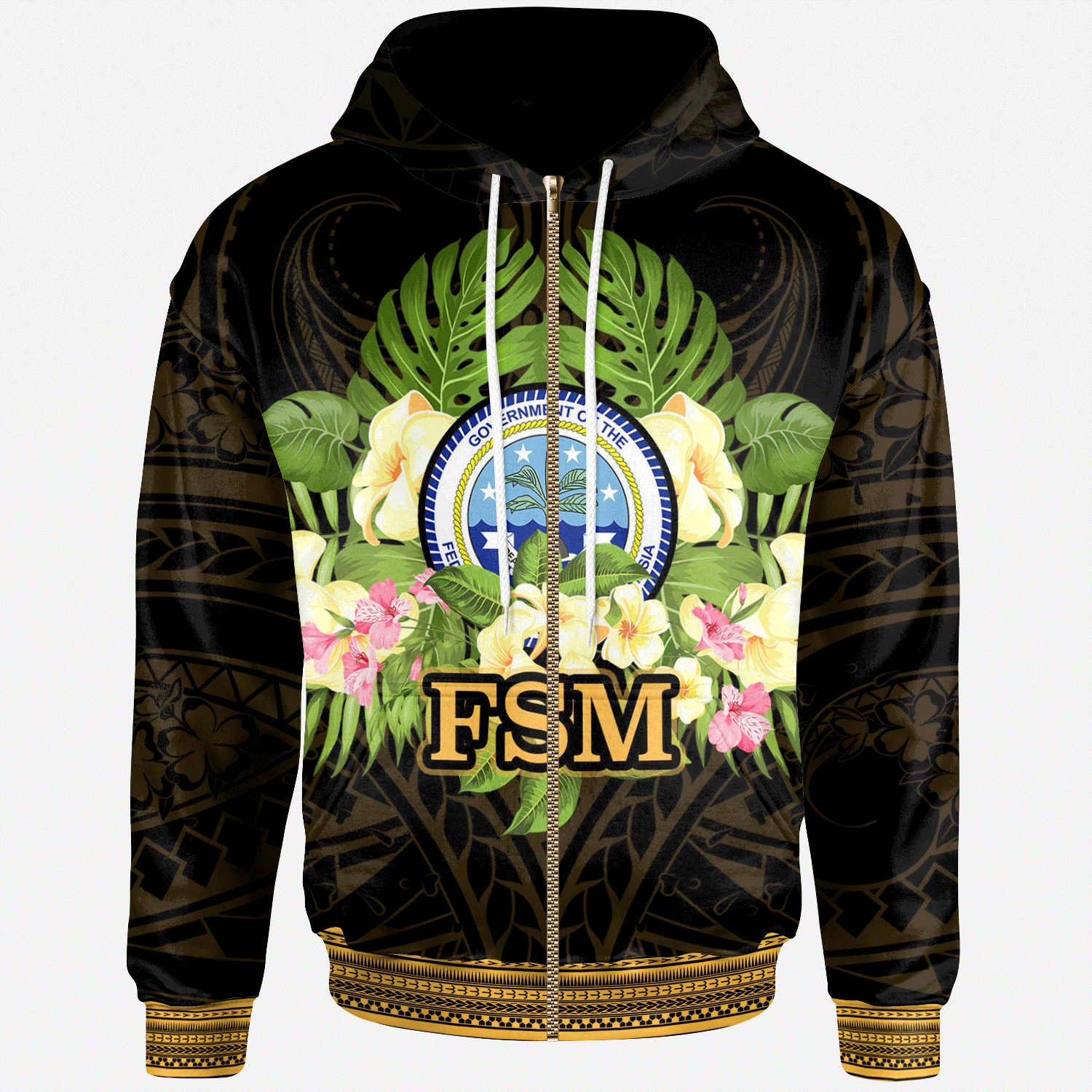 Federated States of Micronesia Zip Hoodie Polynesian Gold Patterns Collection Unisex Black - Polynesian Pride