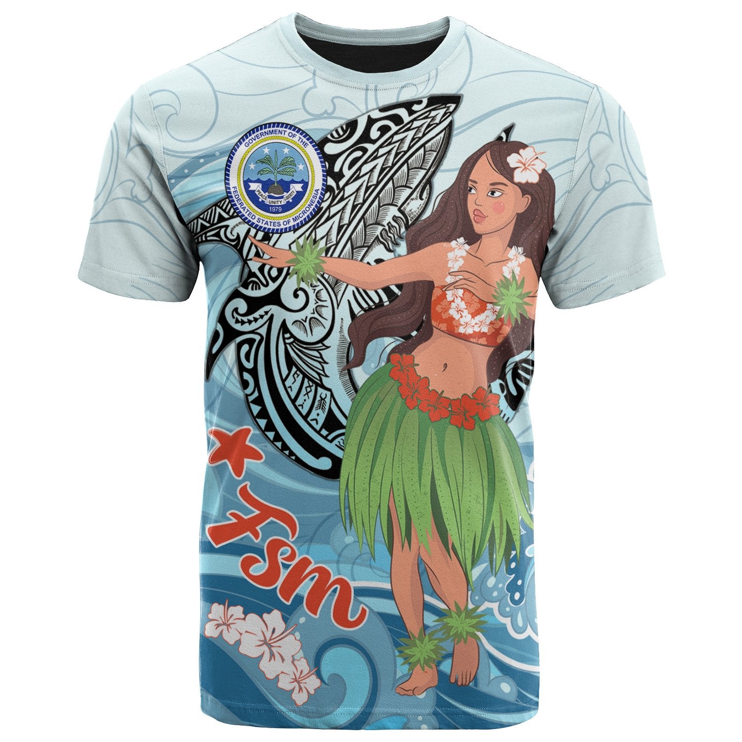 Federated States of Micronesia T Shirt Polynesian Girls With Shark Unisex Black - Polynesian Pride