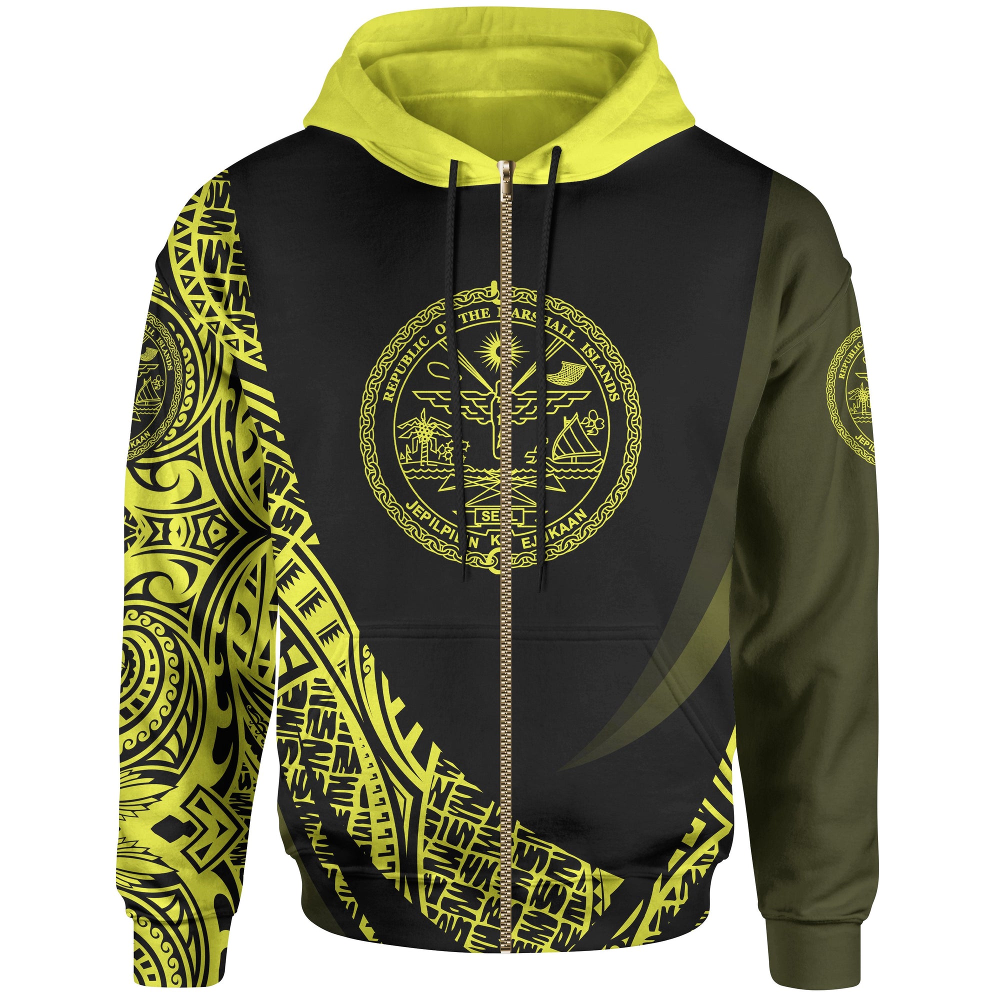 Marshall Islands Zip Hoodie Yellow Polynesian Patterns Sport Style Unisex Black - Polynesian Pride