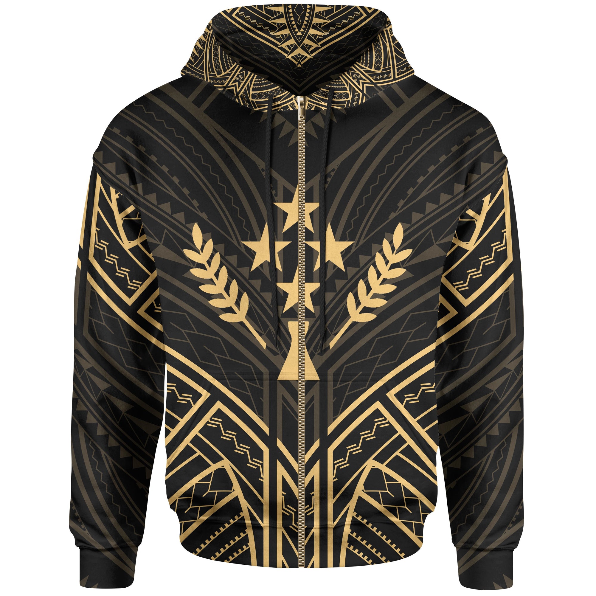 Kosrae State Zip Hoodie Kosrae State Seal Gold Tribal Patterns Unisex Black - Polynesian Pride