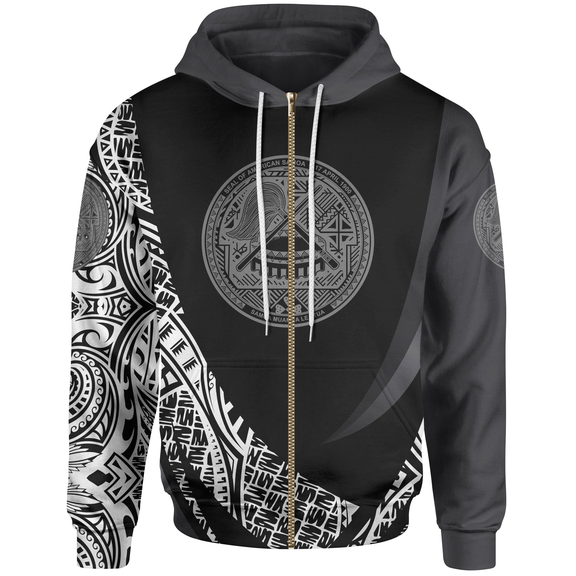 American Samoa Zip Hoodie White Polynesian Patterns Sport Style Unisex Black - Polynesian Pride