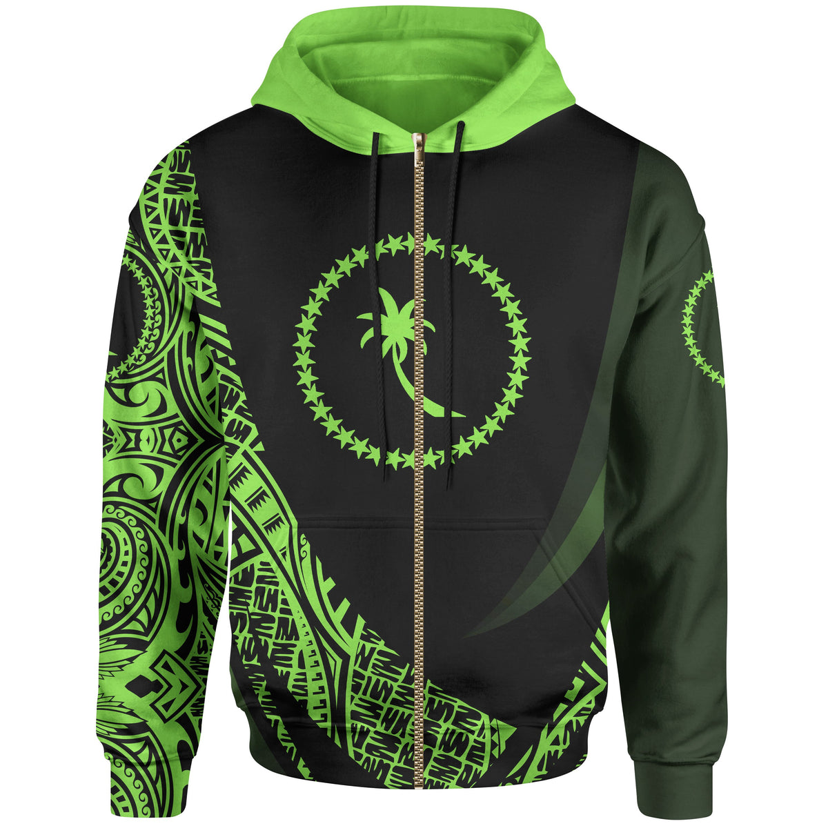 Chuuk State Zip Hoodie Green Polynesian Patterns Sport Style Unisex Black - Polynesian Pride