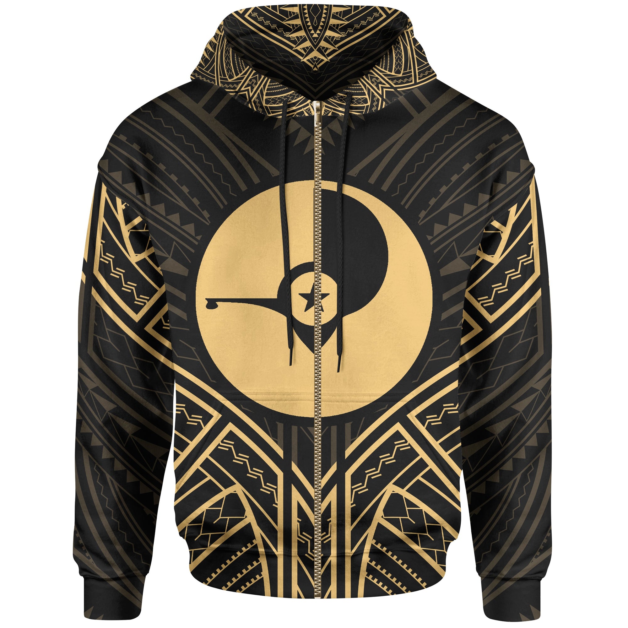 Yap State Zip Hoodie Yap State Seal Gold Tribal Patterns Unisex Black - Polynesian Pride