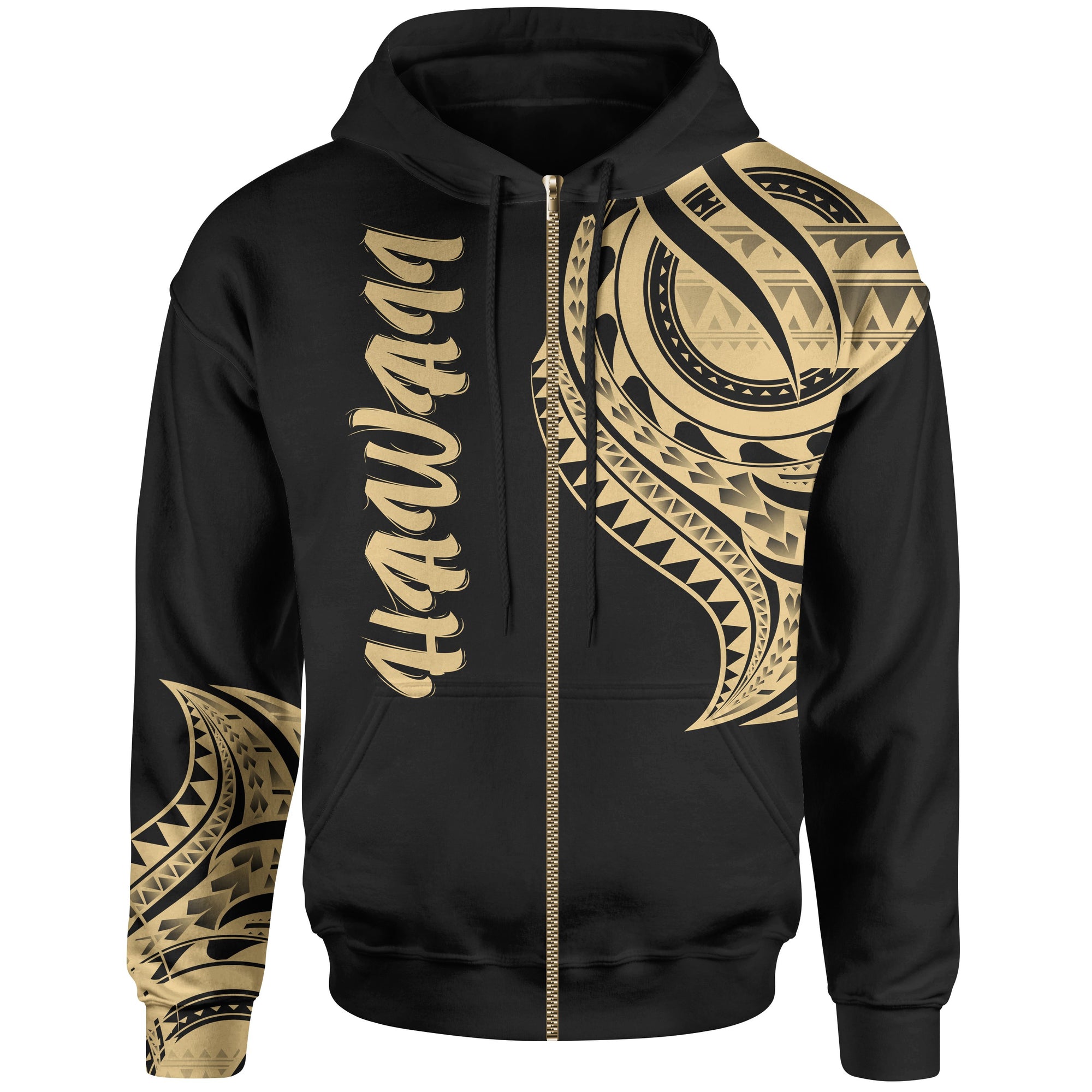 Hawaii Zip Hoodie Hawaii Tatau Gold Patterns Unisex Black - Polynesian Pride