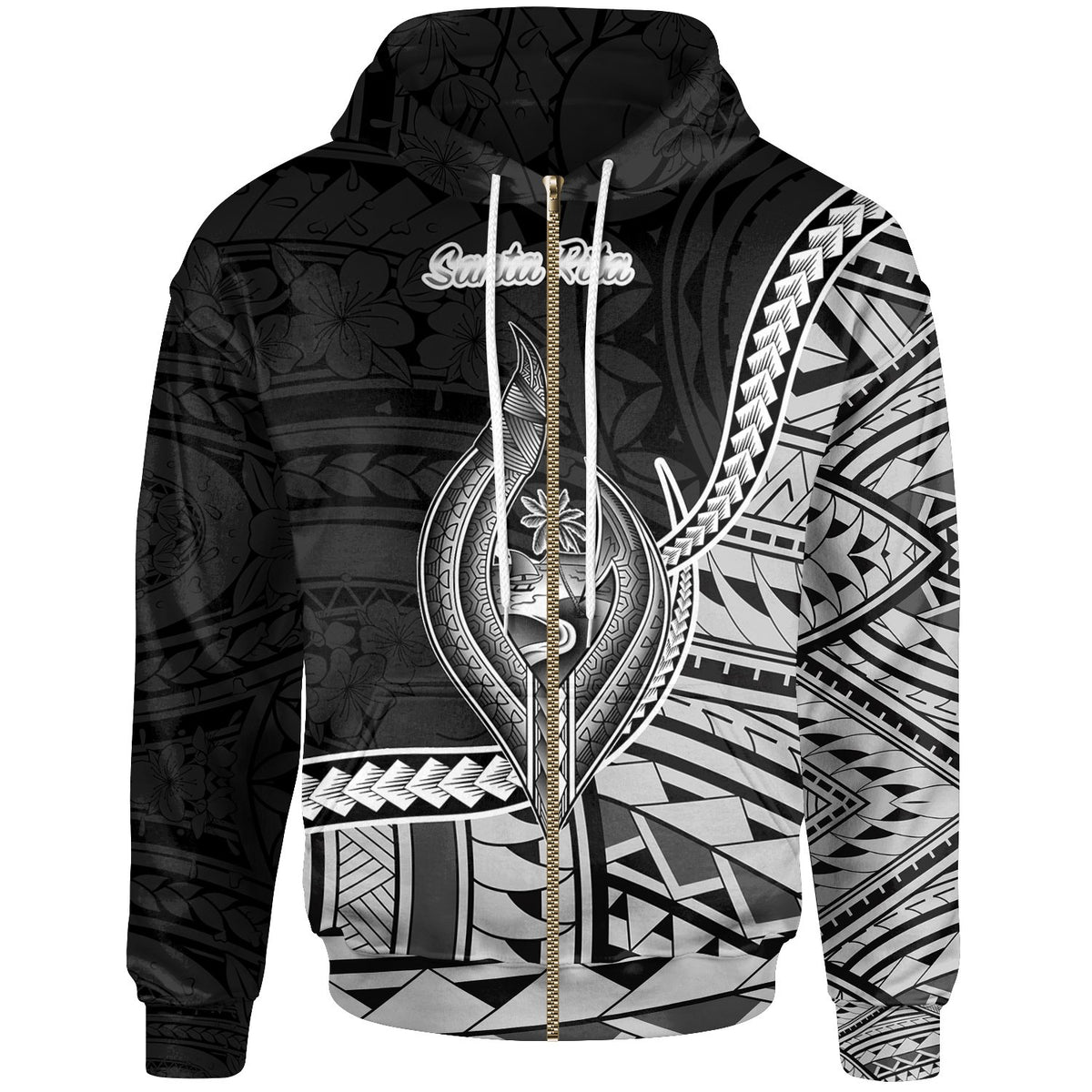 Guam Zip Hoodie Santa Rita Seal of Guam Polynesian Patterns Unisex Black - Polynesian Pride