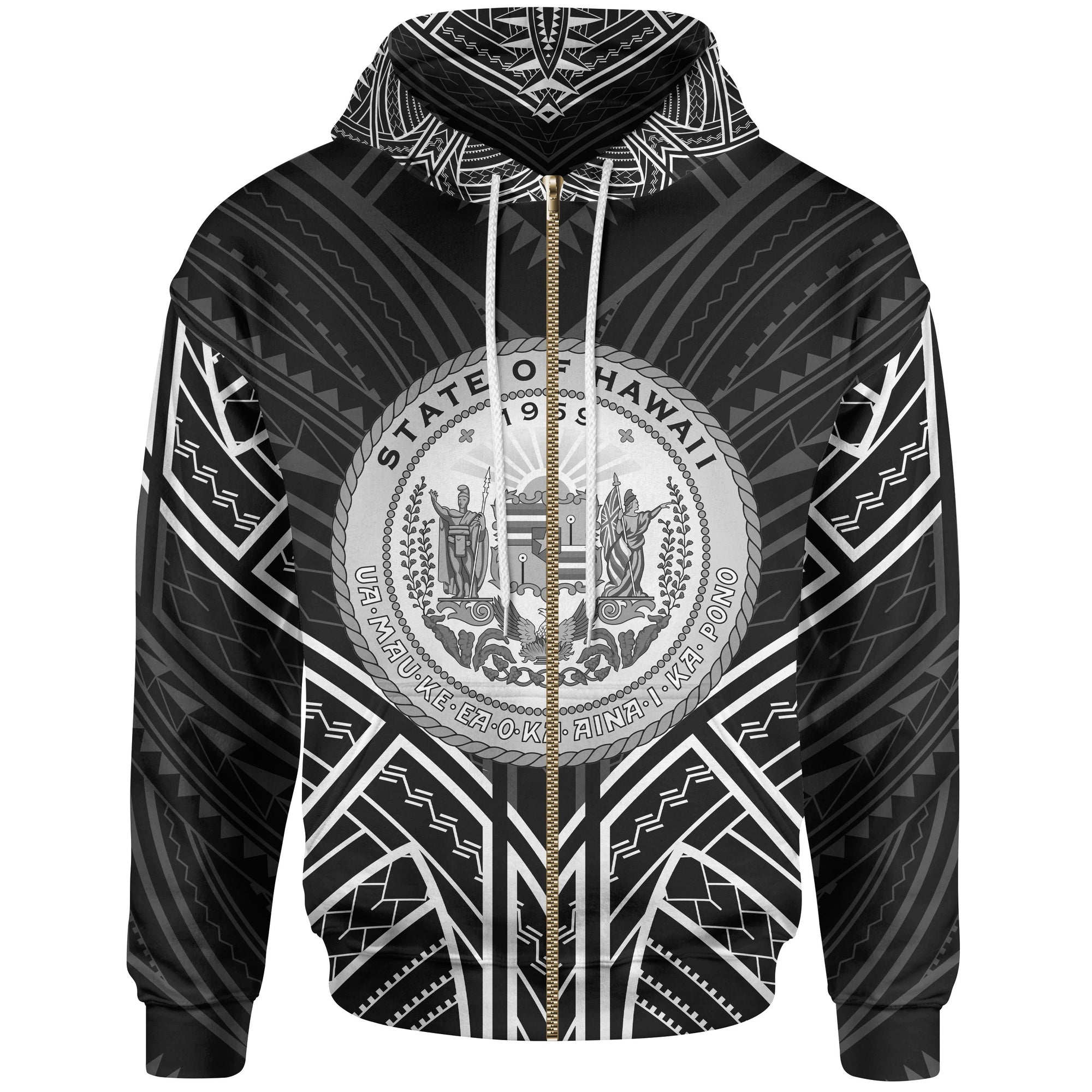 Hawaii Zip Hoodie Hawaii Seal Black Tribal Patterns Unisex White - Polynesian Pride