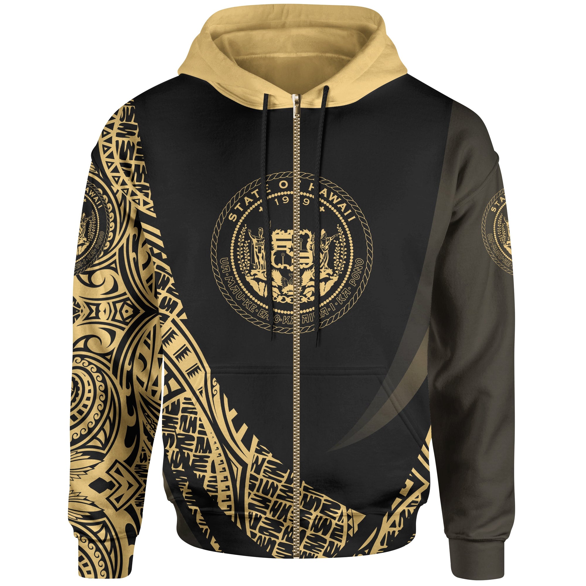 Hawaii Zip Hoodie Gold Polynesian Patterns Sport Style Unisex Black - Polynesian Pride