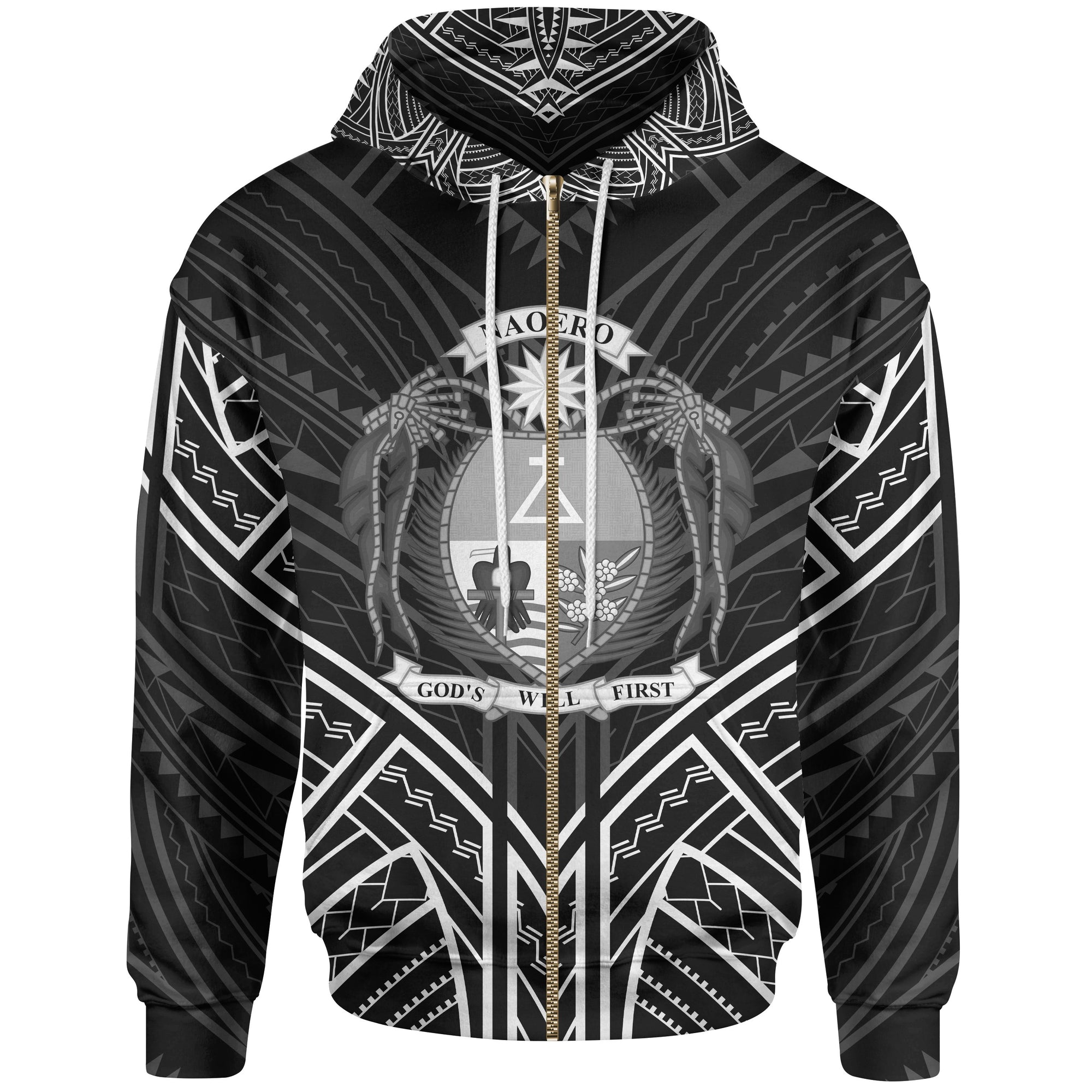 Nauru Zip Hoodie Nauru Seal Black Tribal Patterns Unisex White - Polynesian Pride