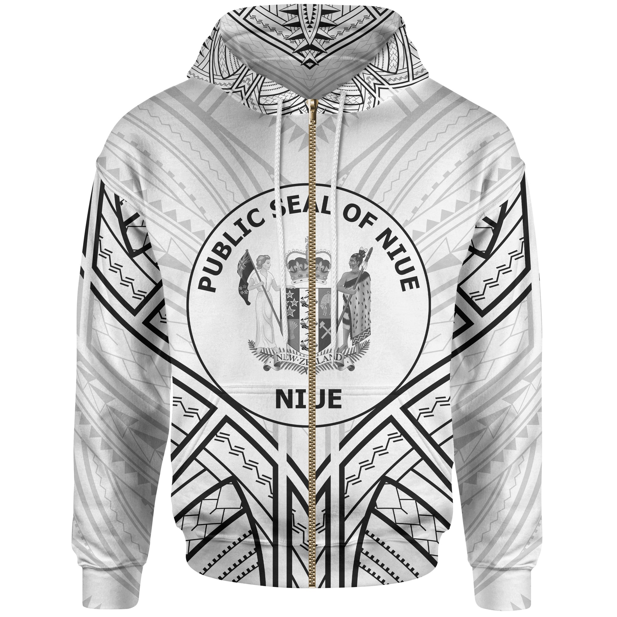 Niue Zip Hoodie Niue Seal Tribal Patterns Unisex White - Polynesian Pride