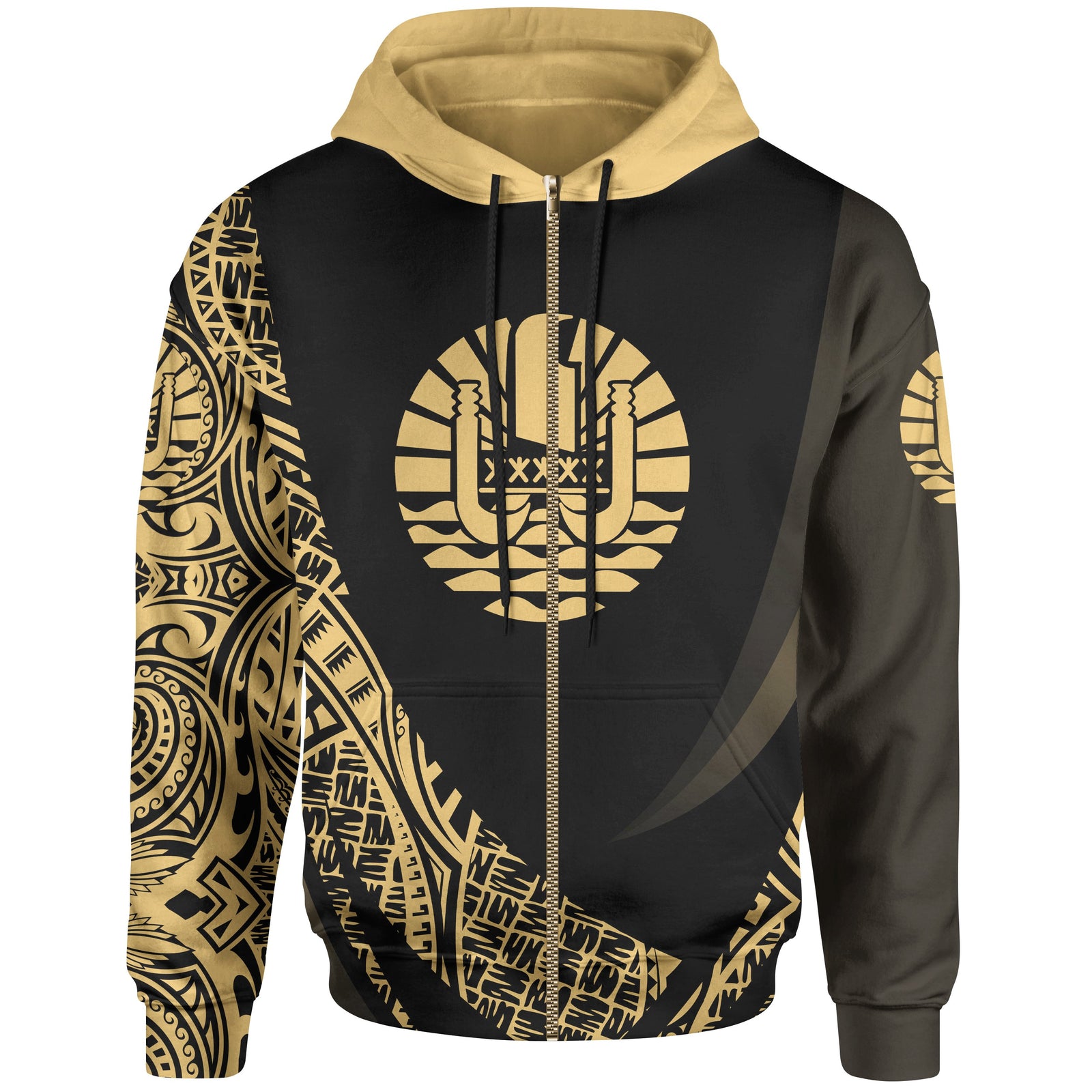 Tahiti Zip Hoodie Gold Polynesian Patterns Sport Style Unisex Black - Polynesian Pride
