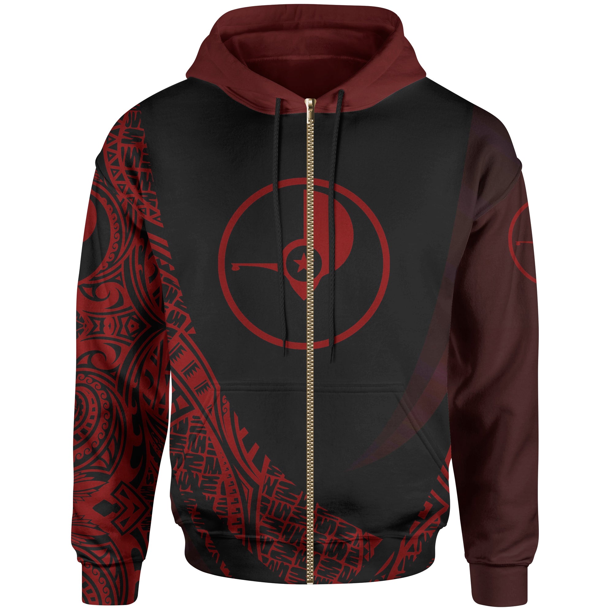 Yap State Zip Hoodie Red Polynesian Patterns Sport Style Unisex Black - Polynesian Pride