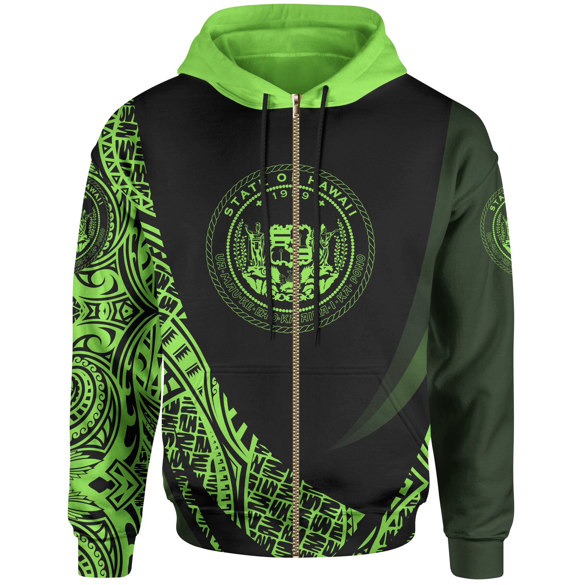 Hawaii Zip Hoodie Green Polynesian Patterns Sport Style Unisex Black - Polynesian Pride