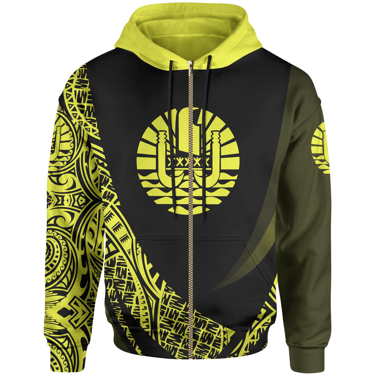 Tahiti Zip Hoodie Yellow Polynesian Patterns Sport Style Unisex Black - Polynesian Pride