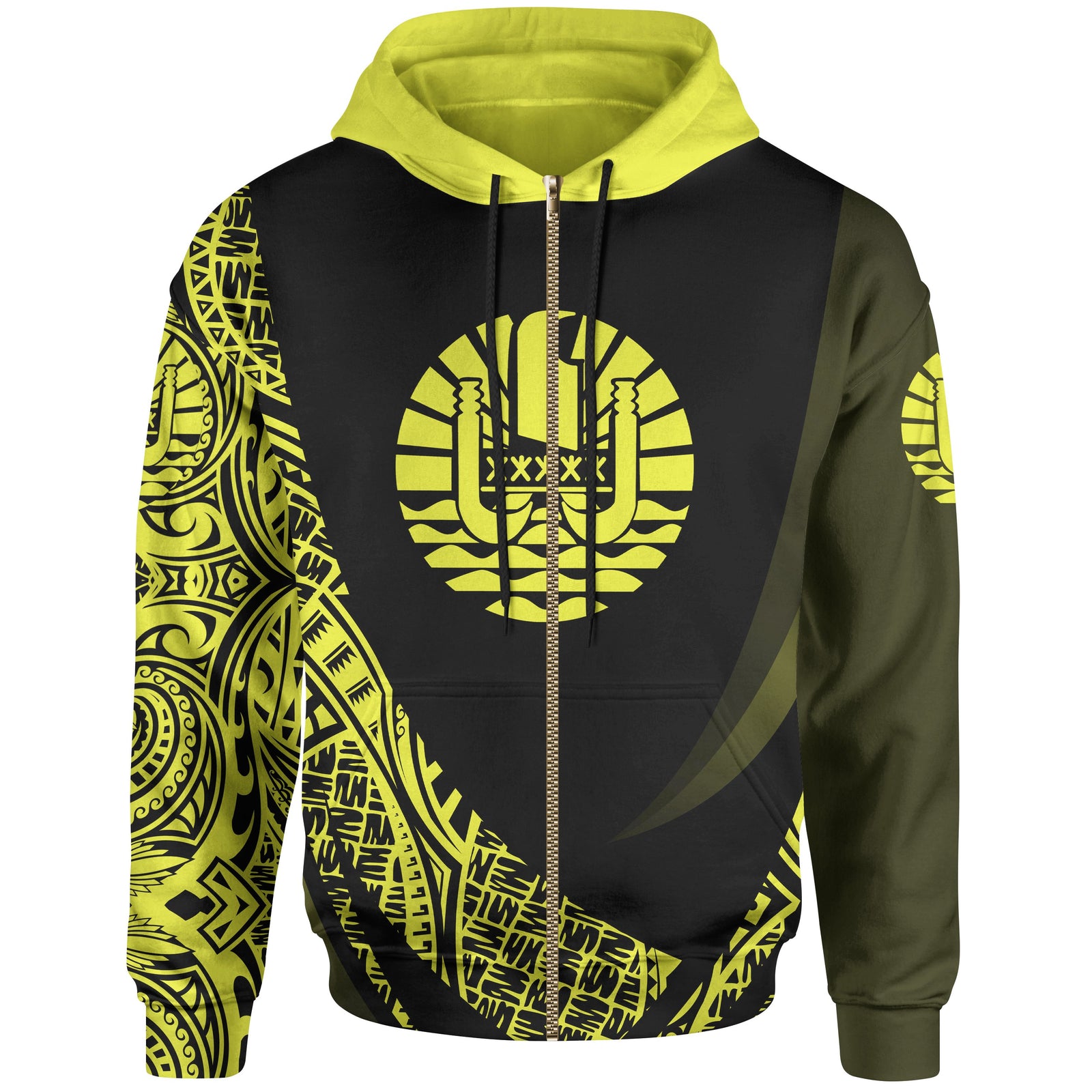 Tahiti Zip Hoodie Yellow Polynesian Patterns Sport Style Unisex Black - Polynesian Pride