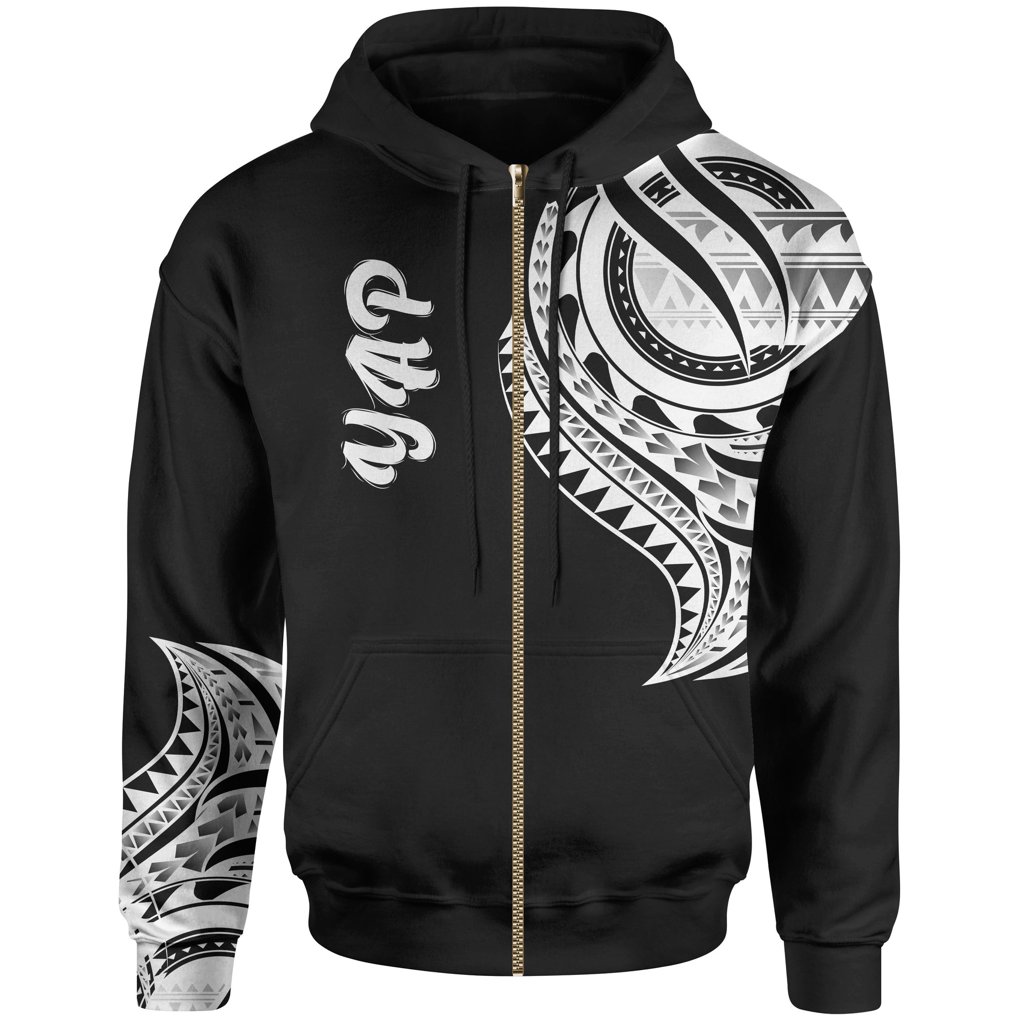 Yap State Zip Hoodie Yap State Tatau White Patterns Unisex Black - Polynesian Pride