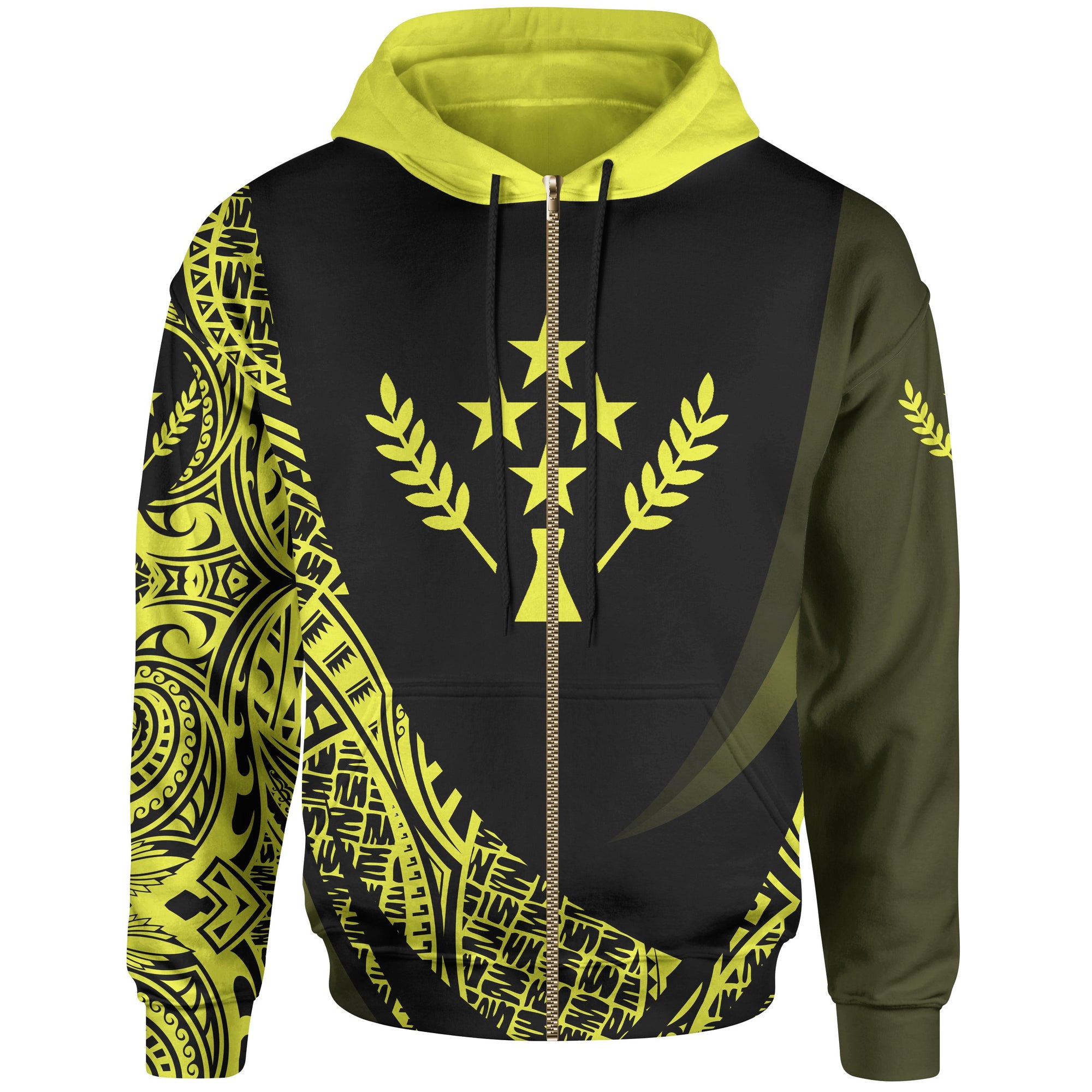 Kosrae State Zip Hoodie Yellow Polynesian Patterns Sport Style Unisex Black - Polynesian Pride