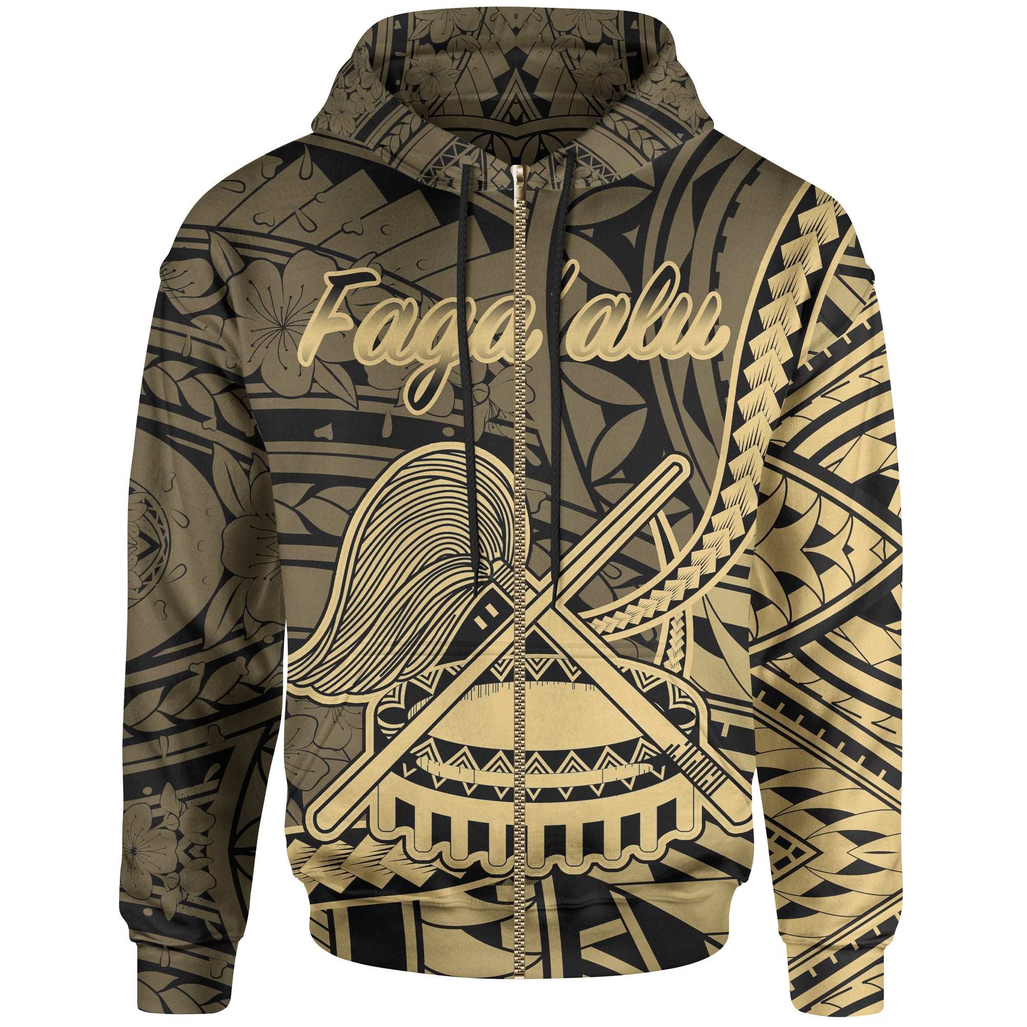 American Samoa Zip Hoodie Fagaalu Polynesian Gold Patterns Zip Hoodie Black - Polynesian Pride