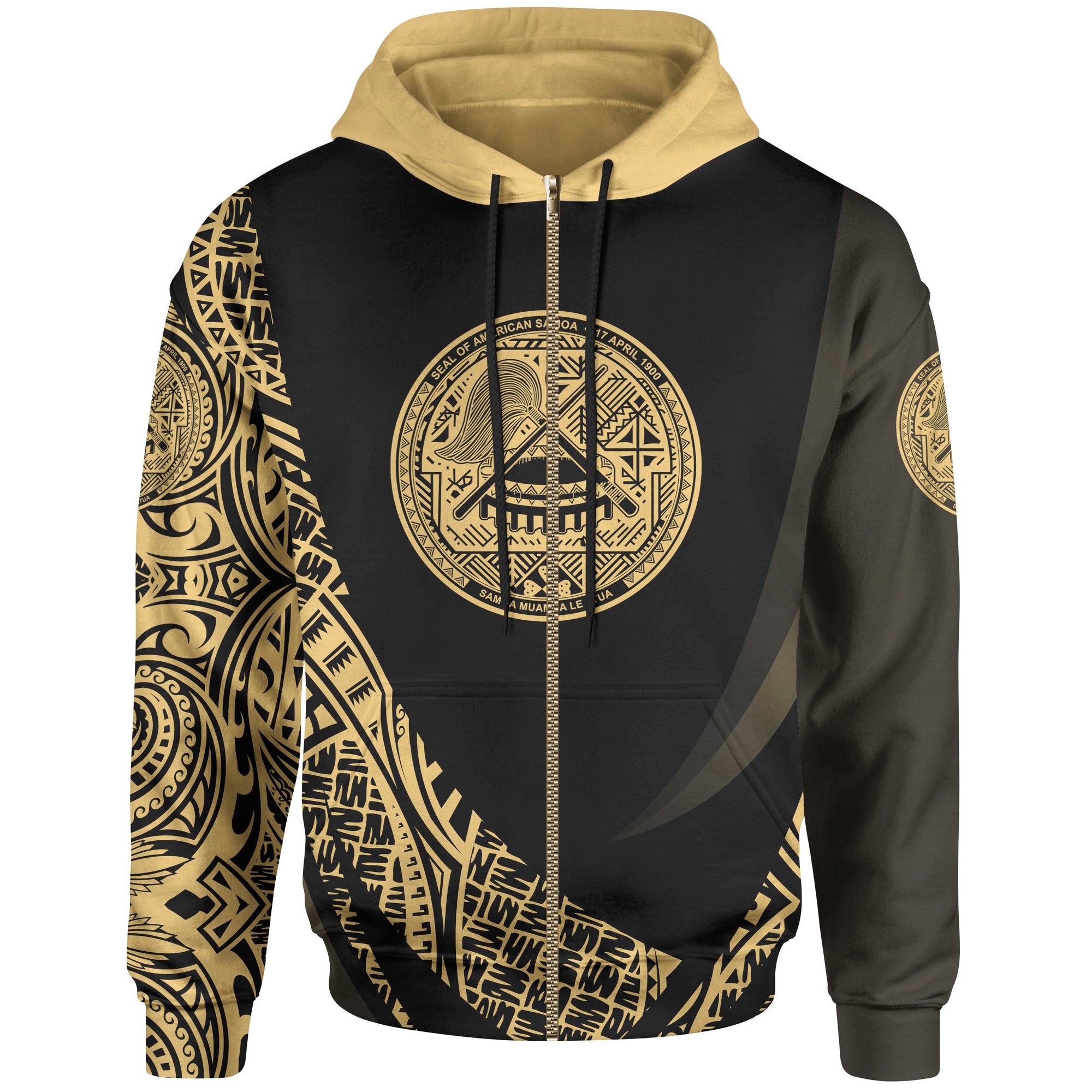 American Samoa Zip Hoodie Gold Polynesian Patterns Sport Style Unisex Black - Polynesian Pride