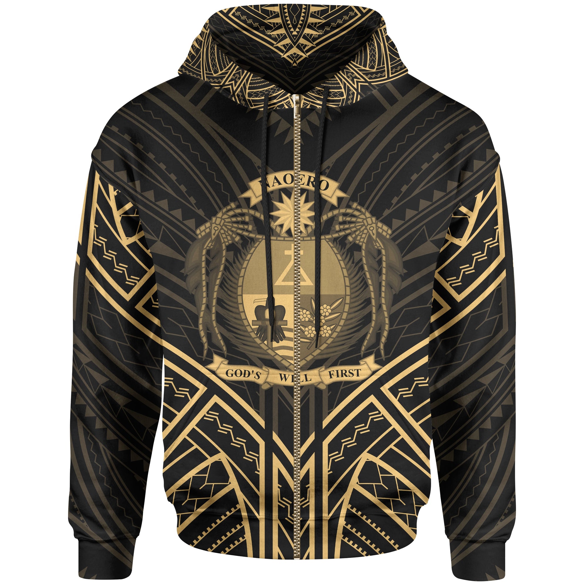 Nauru Zip Hoodie Nauru Seal Gold Tribal Patterns Unisex White - Polynesian Pride