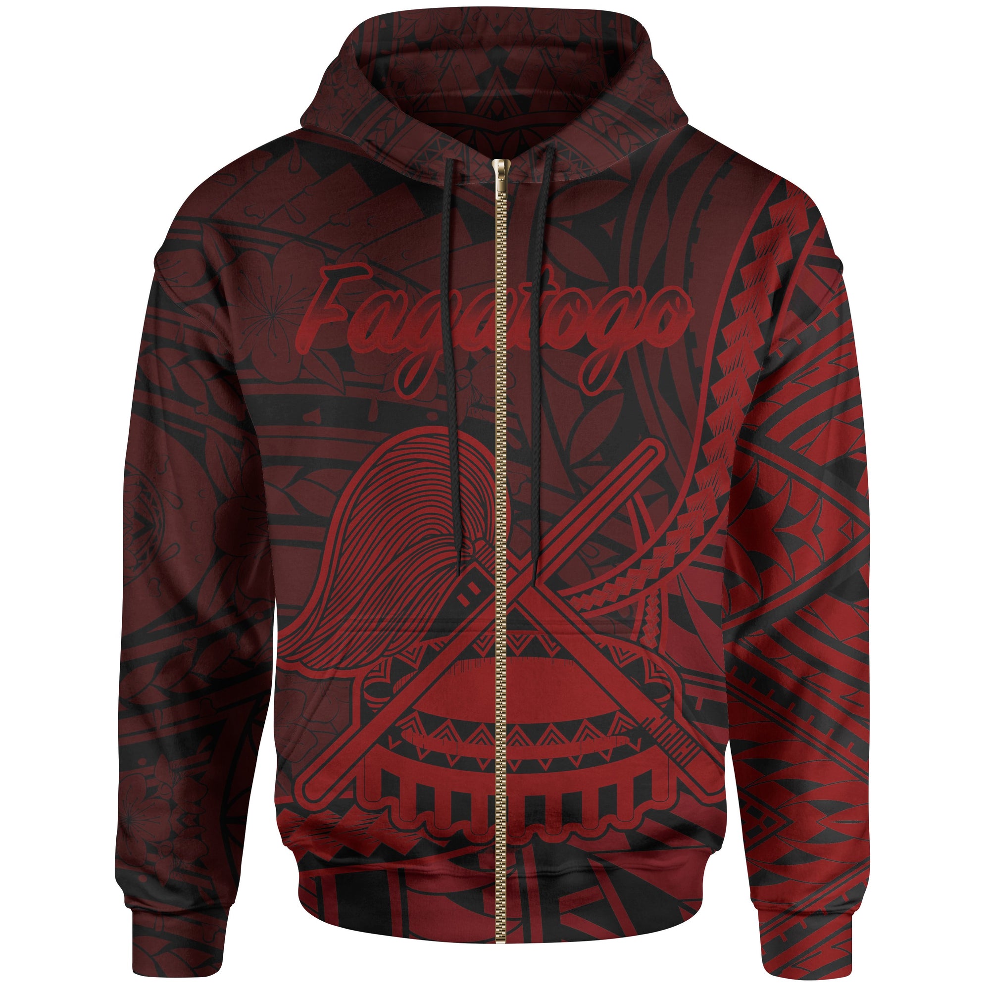 American Samoa Zip Hoodie Fagatogo Polynesian Red Patterns Unisex Black - Polynesian Pride