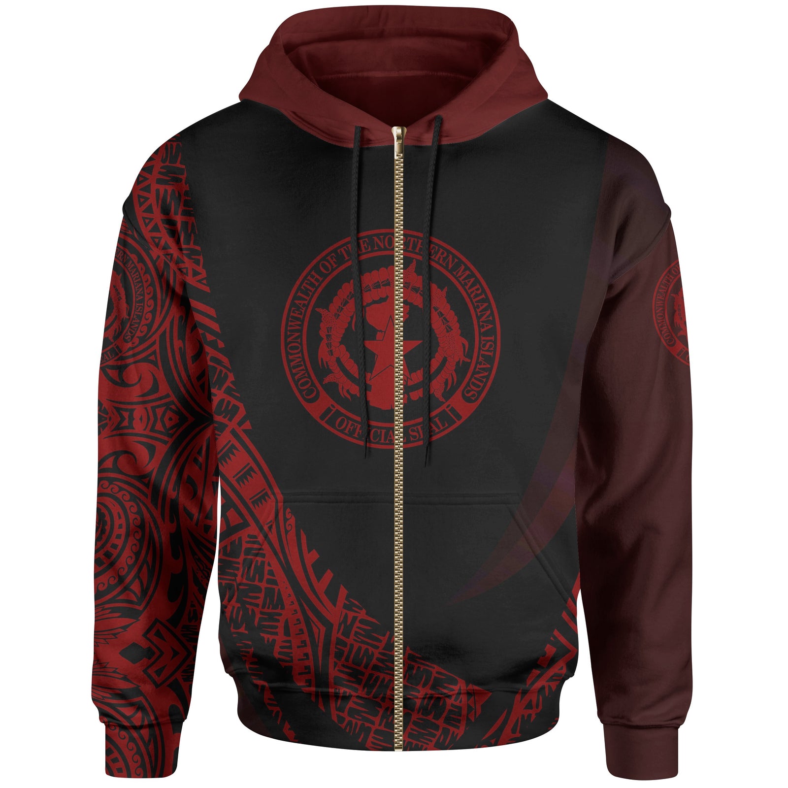 Northern Mariana Islands Zip Hoodie Red Polynesian Patterns Sport Style Unisex Black - Polynesian Pride