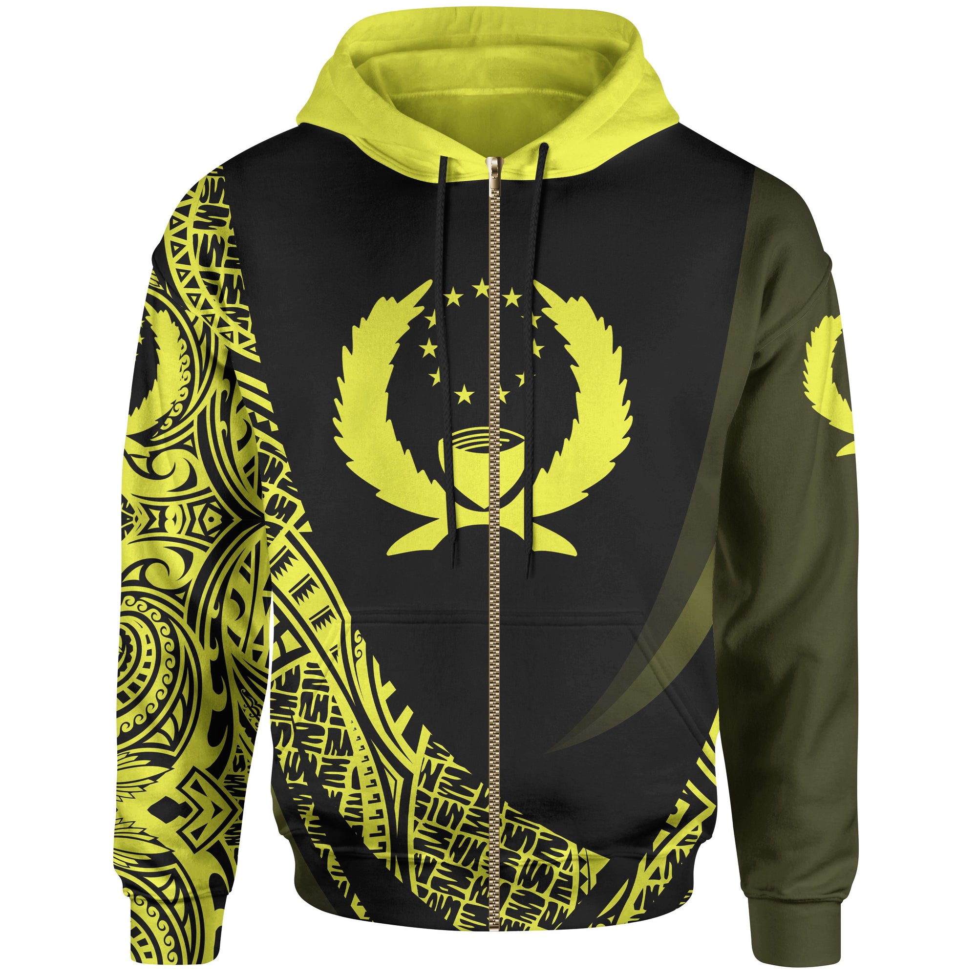 Pohnpei State Zip Hoodie Yellow Polynesian Patterns Sport Style Unisex Black - Polynesian Pride