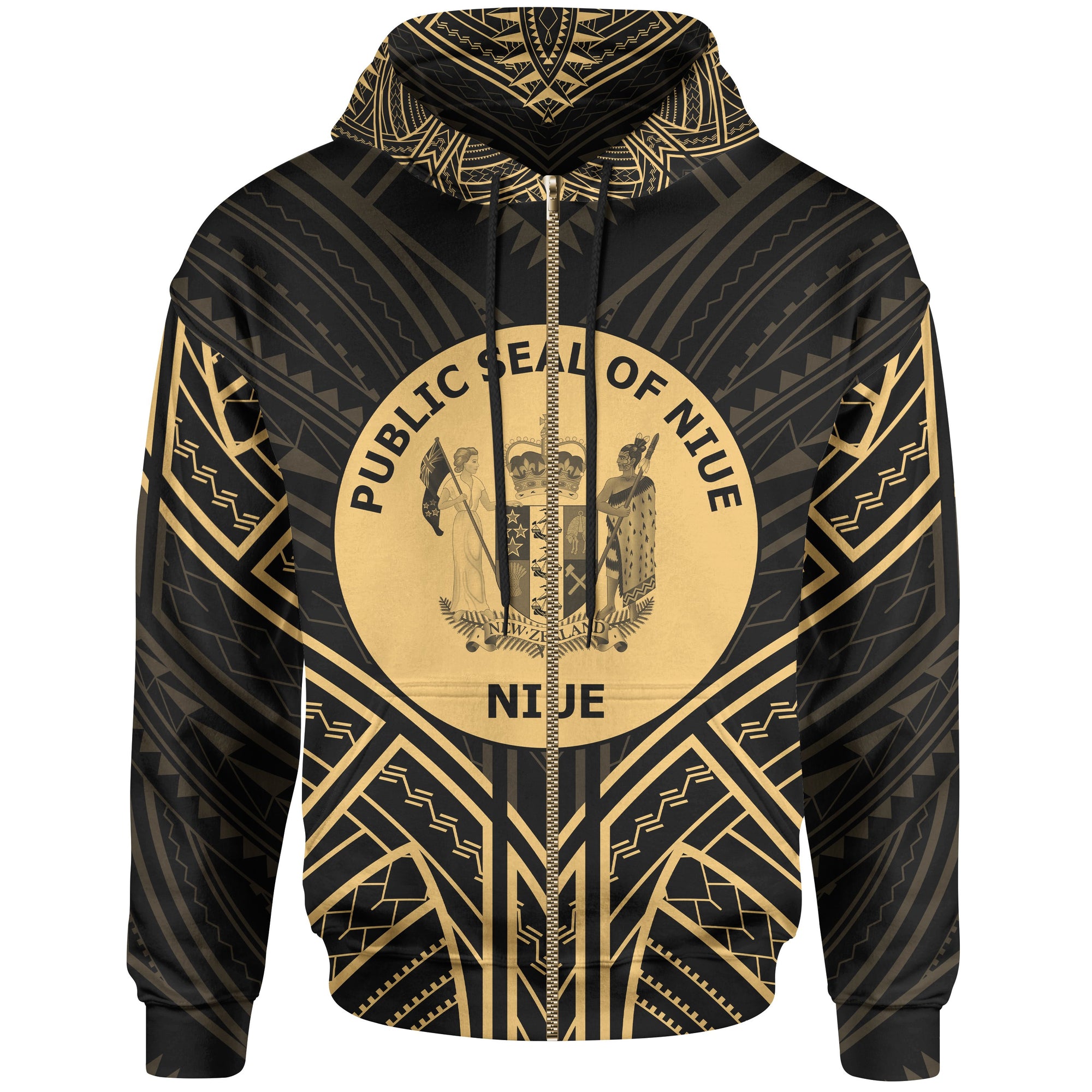 Niue Zip Hoodie Niue Seal Gold Tribal Patterns Unisex White - Polynesian Pride