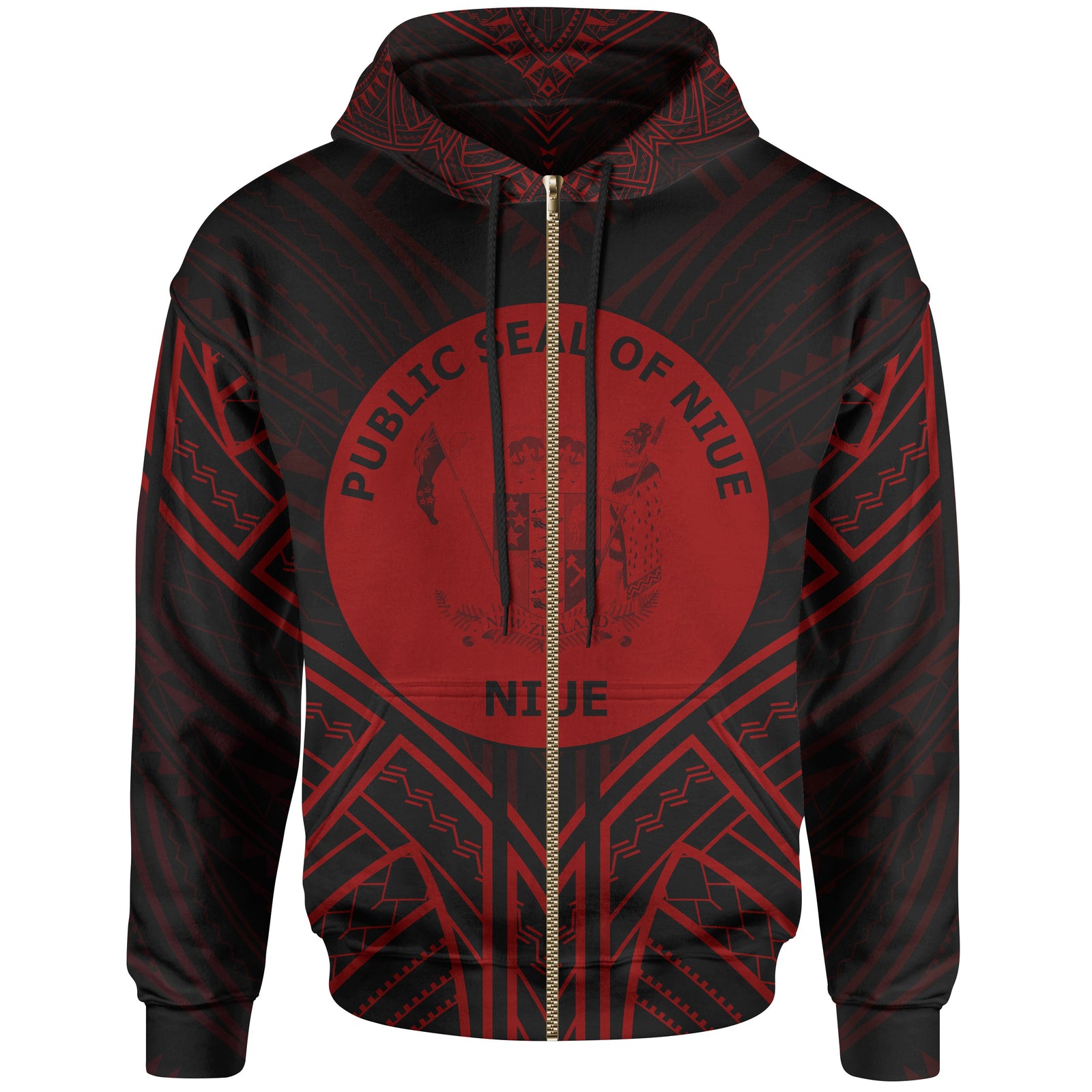 Niue Zip Hoodie Niue Seal Red Tribal Patterns Unisex White - Polynesian Pride