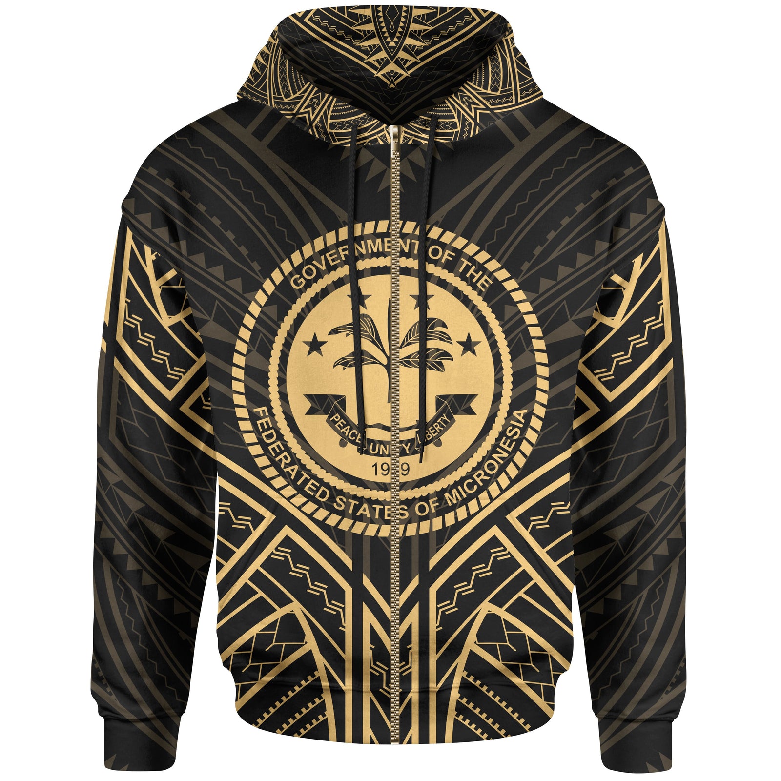 Federated States of Micronesia Zip Hoodie Federated States of Micronesia Seal Gold Tribal Patterns Unisex Black - Polynesian Pride