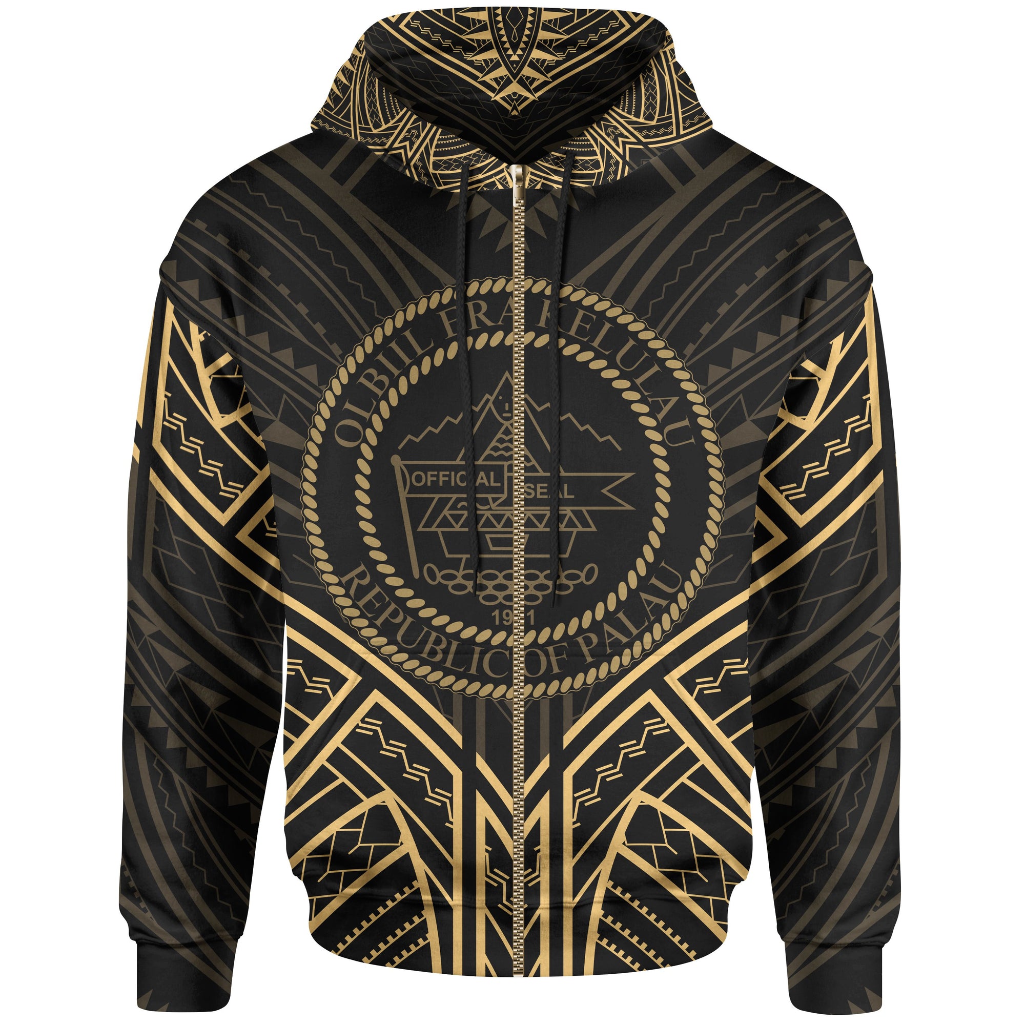 Palau Zip Hoodie Palau Seal Gold Tribal Patterns Unisex White - Polynesian Pride