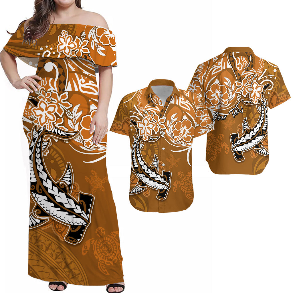 Custom Polynesian Matching Hawaiian Outfits For Couples Honu Green Sea Turtle with Hammerhead Shark LT13 Gold - Polynesian Pride