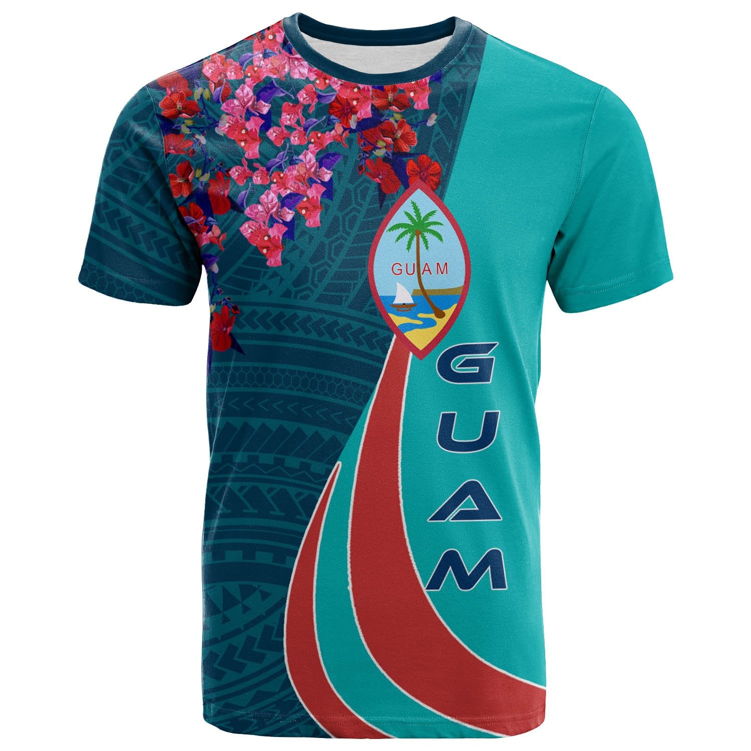 Guam T Shirt Guam and Flower Sport Unisex Blue - Polynesian Pride