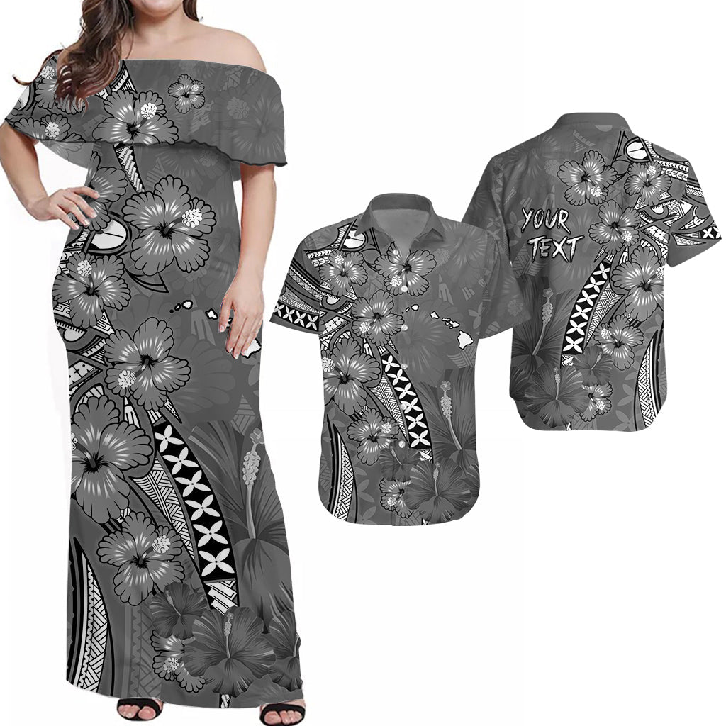 Custom Polynesian Couple Outfits Matching HawaiianTribal Gray Hibiscus and Map Mystical Dress and Hawaiian Shirt LT13 Gray - Polynesian Pride