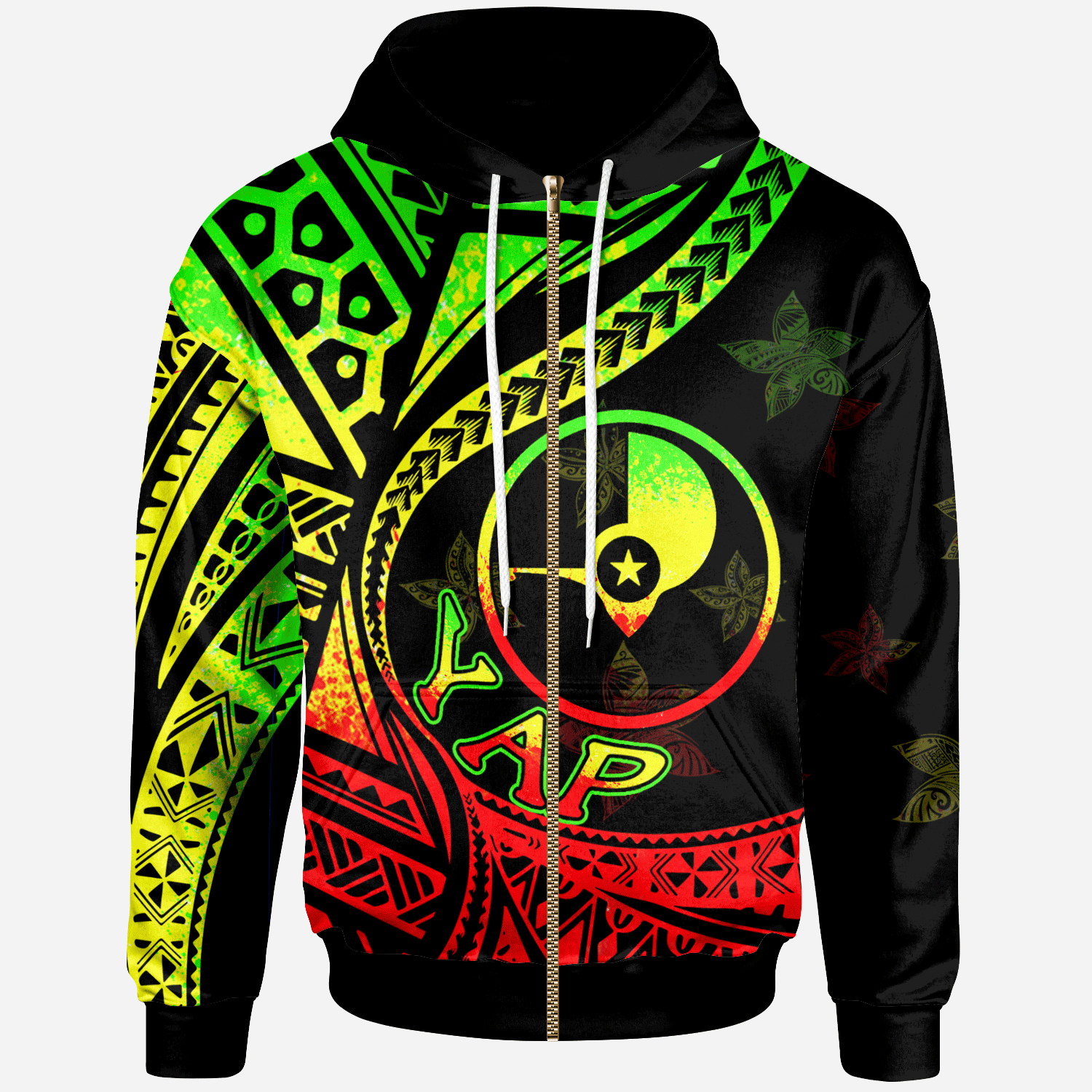 Yap Zip Hoodie Plumeria Flowers Raggage Version Unisex Black - Polynesian Pride