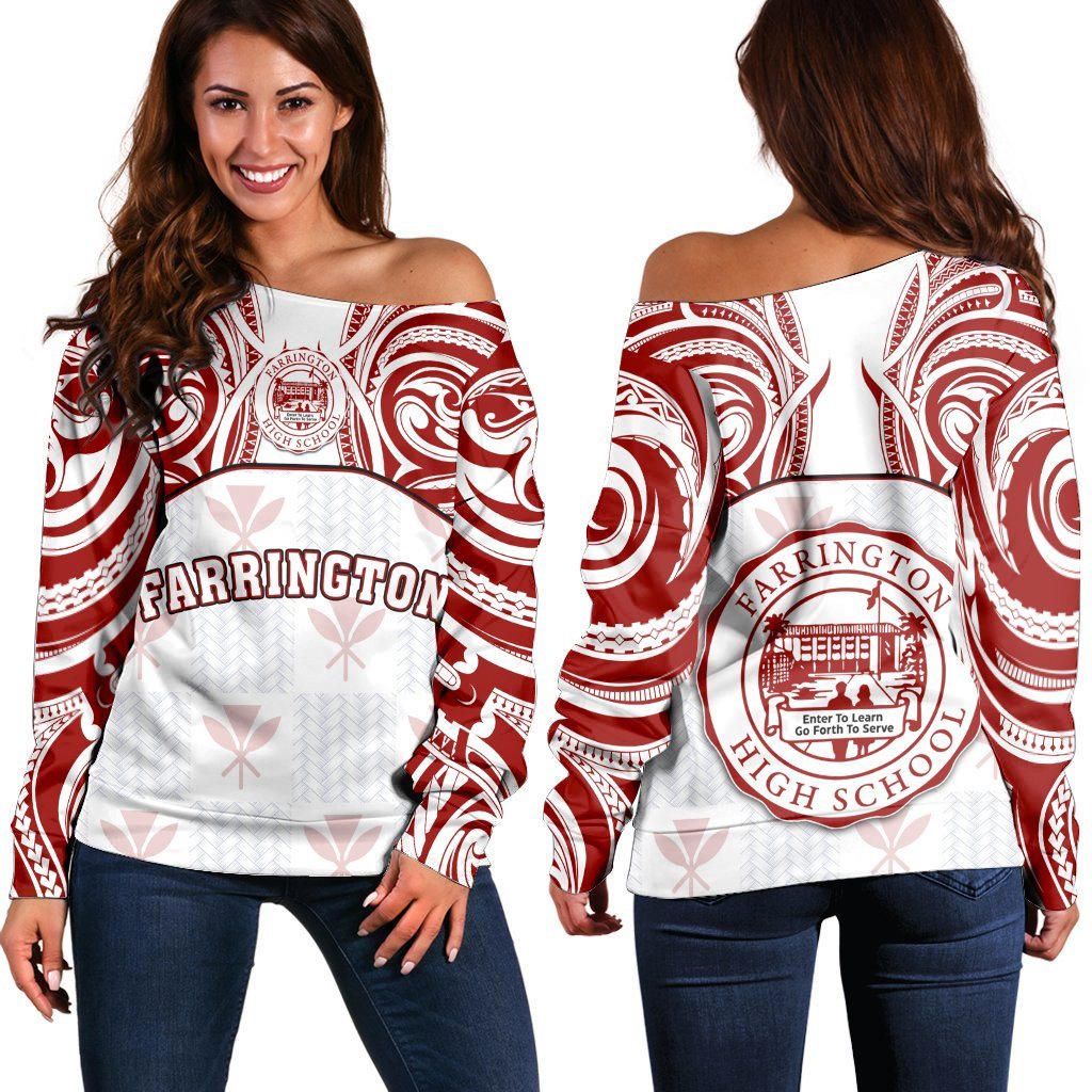 Hawaii - Kanaka Farrington High School Off Shoulder Sweater Demodern Style AH White - Polynesian Pride