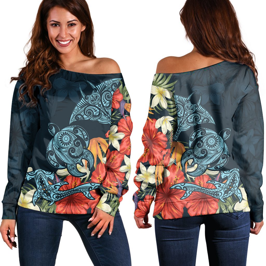 Hawaii Turtle Shark Manta Ray Hibiscus Plumeria Women's Off Shoulder Sweater - AH Black - Polynesian Pride