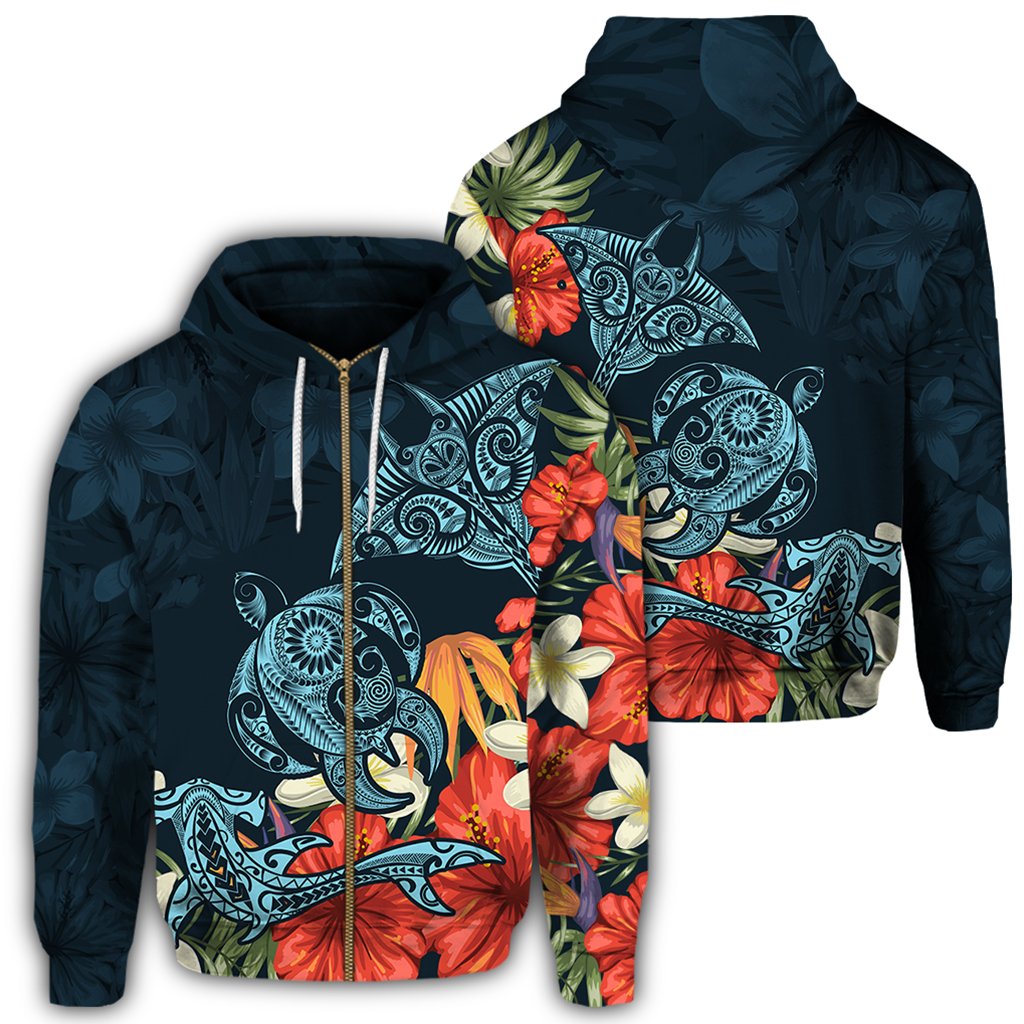 Hawaii Turtle Shark Manta Ray Hibiscus Plumeria Hoodie (Zip up) AH Unisex Black - Polynesian Pride