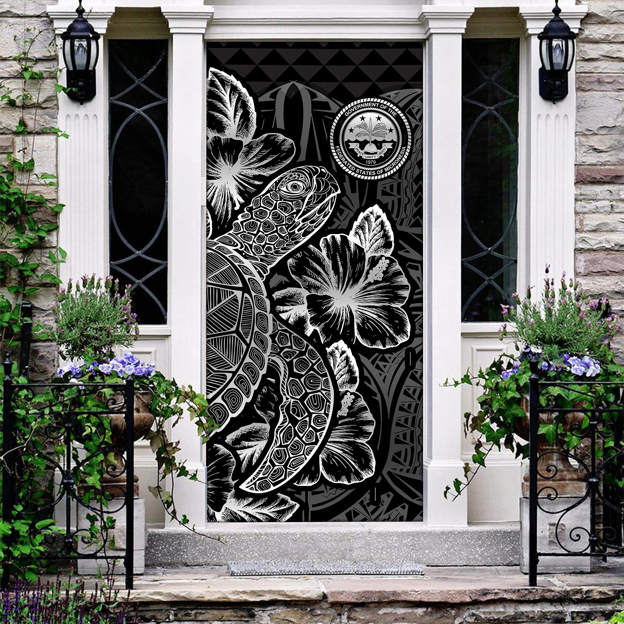 Federated States Of Micronesia Door Cover Turtle Hibiscus Black - Polynesian Pride