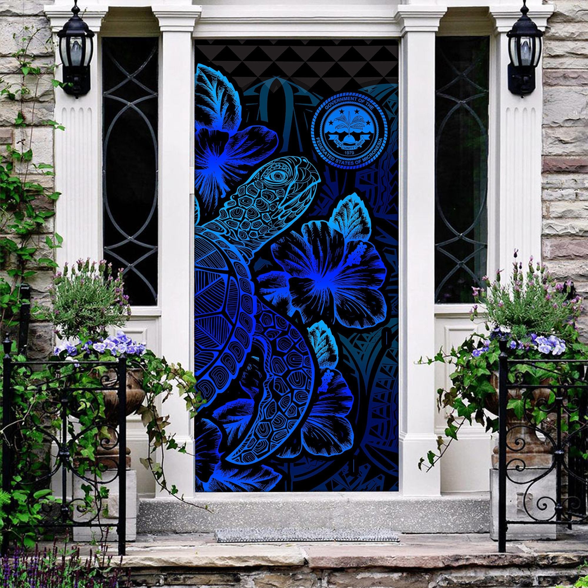 Federated States Of Micronesia Door Cover Turtle Hibiscus Blue - Polynesian Pride