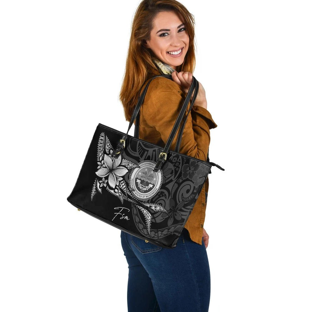Federated States of Micronesia Leather Tote - Fish With Plumeria Flowers Style - Polynesian Pride