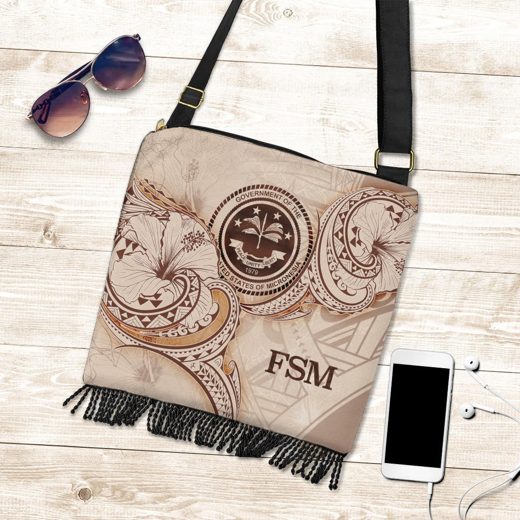 Federated States of Micronesia Boho Handbag - Hibiscus Flowers Vintage Style One Size Boho Handbag Nude - Polynesian Pride