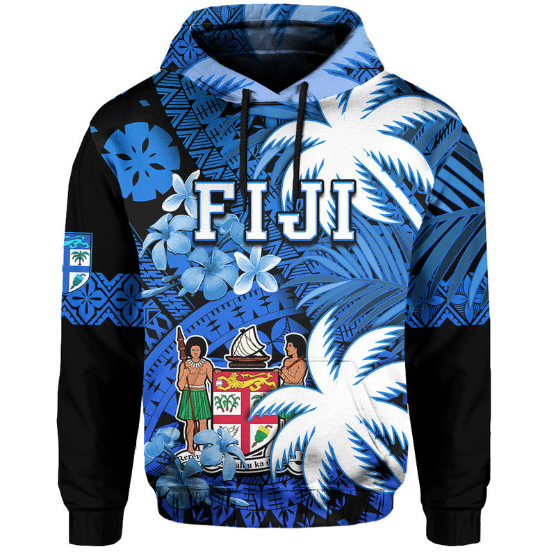 Custom Fiji Coat of Arms Hoodie Masi Tapa Mixed Palm Tree No2 Blue Version LT9 Hoodie Blue - Polynesian Pride