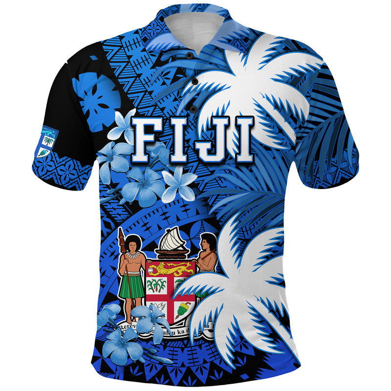 Custom Fiji Coat Of Arms Polo Shirt Masi Tapa Mixed Palm Tree No2 Blue Version LT9 Blue - Polynesian Pride