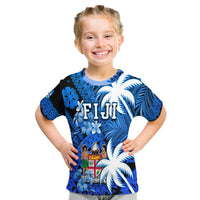 Fiji Coat of Arms T Shirt Masi Tapa Mixed Palm Tree No2 Blue Color Version LT9 - Polynesian Pride