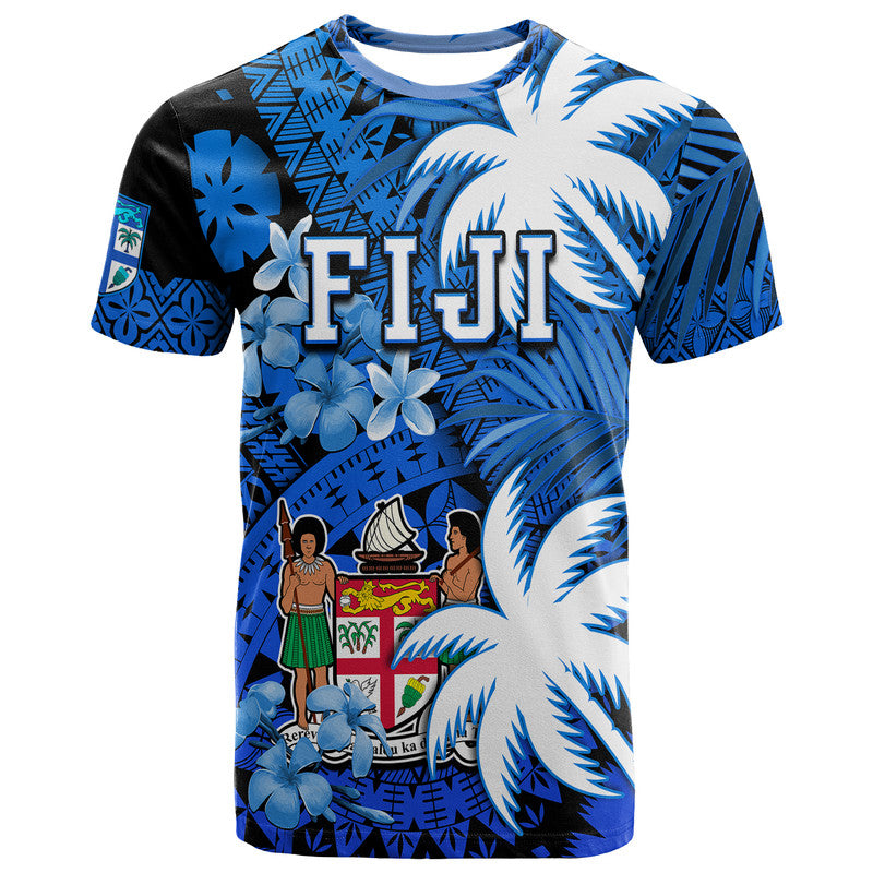 Custom Fiji Coat of Arms T Shirt Masi Tapa Mixed Palm Tree No2 Blue Version LT9 Blue - Polynesian Pride