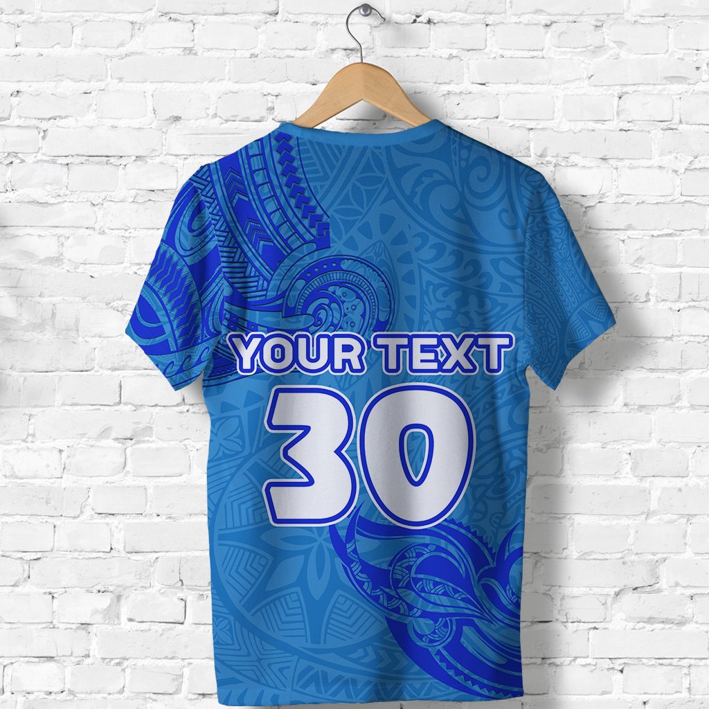 (Custom Text and Number) Blue T Shirt Fiji Rugby Polynesian Waves Style - Polynesian Pride