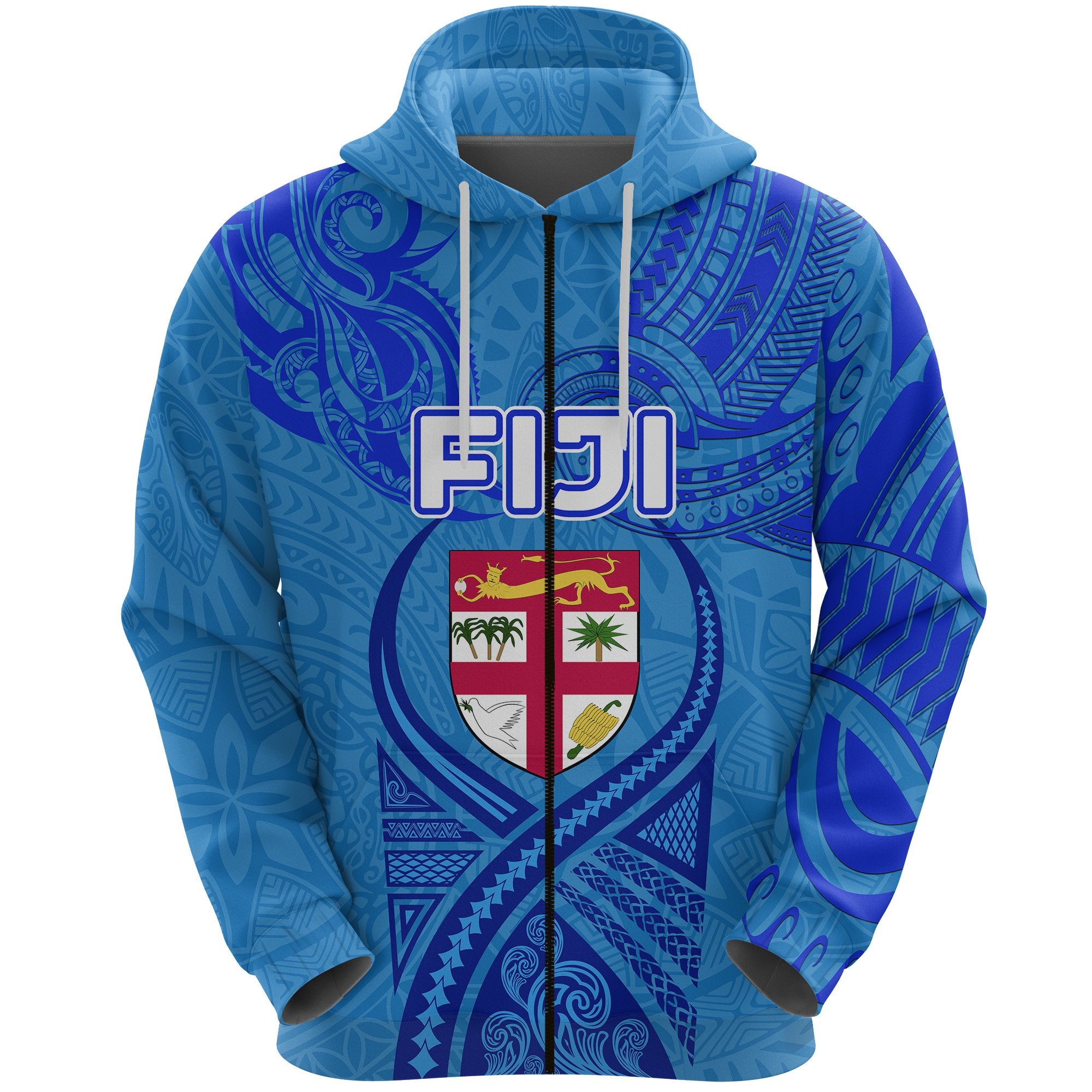 Blue Zip Hoodie Fiji Rugby Polynesian Waves Style Unisex Blue - Polynesian Pride