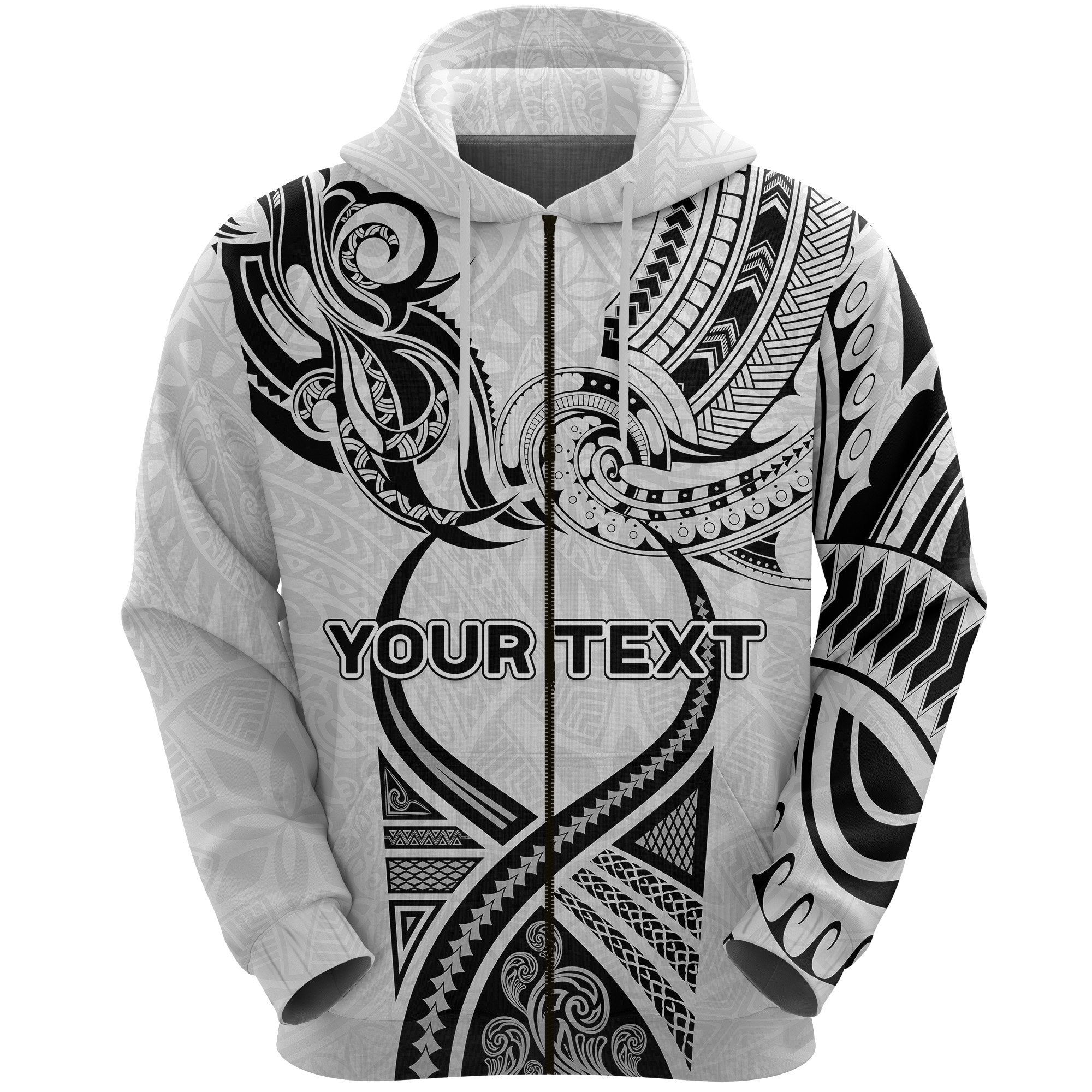 Custom Fiji Rugby Zip Hoodie Polynesian Waves Style Unisex White - Polynesian Pride